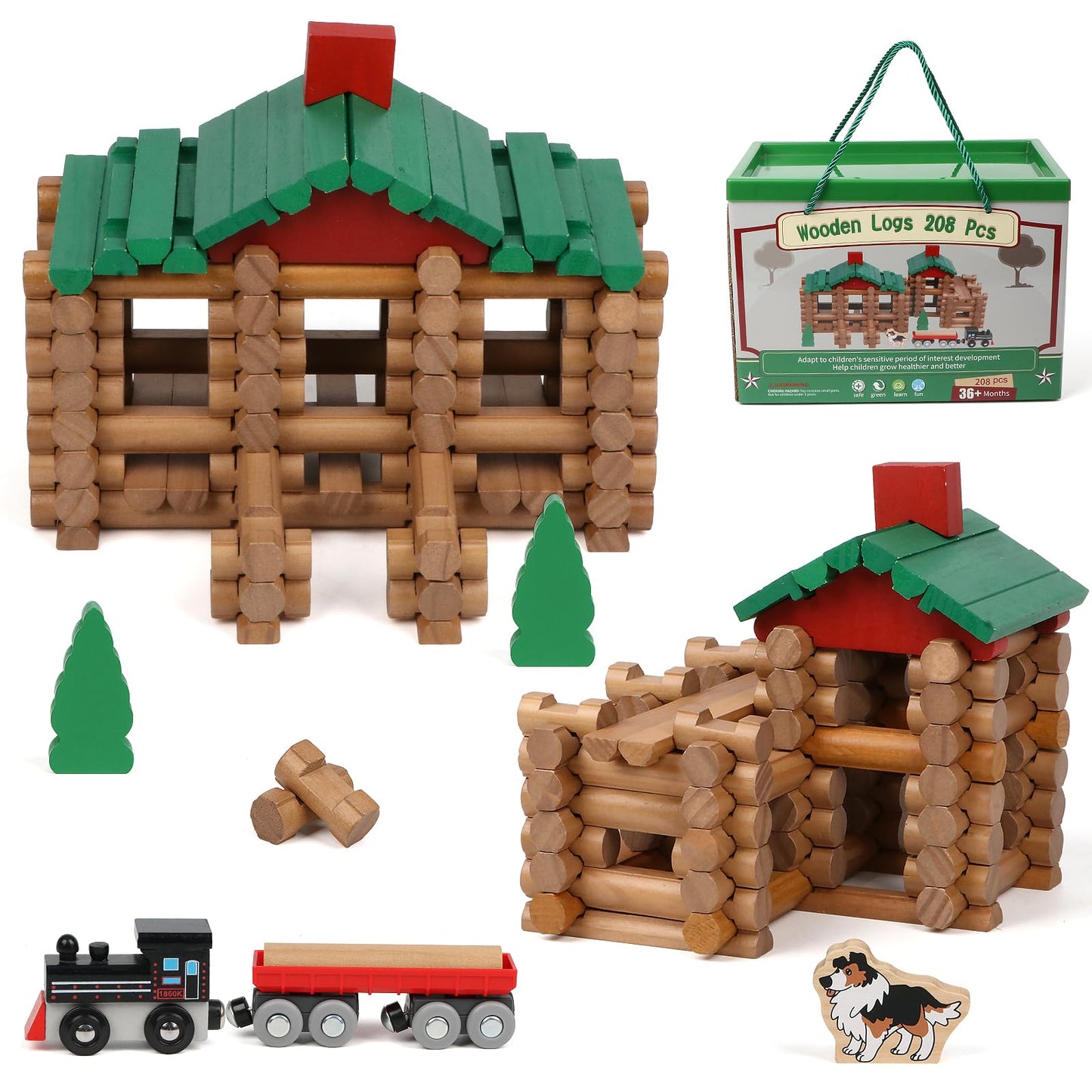 Wondertoys 208 Pcs Wooden Log Set – Classic Building Logs for Ages 3+