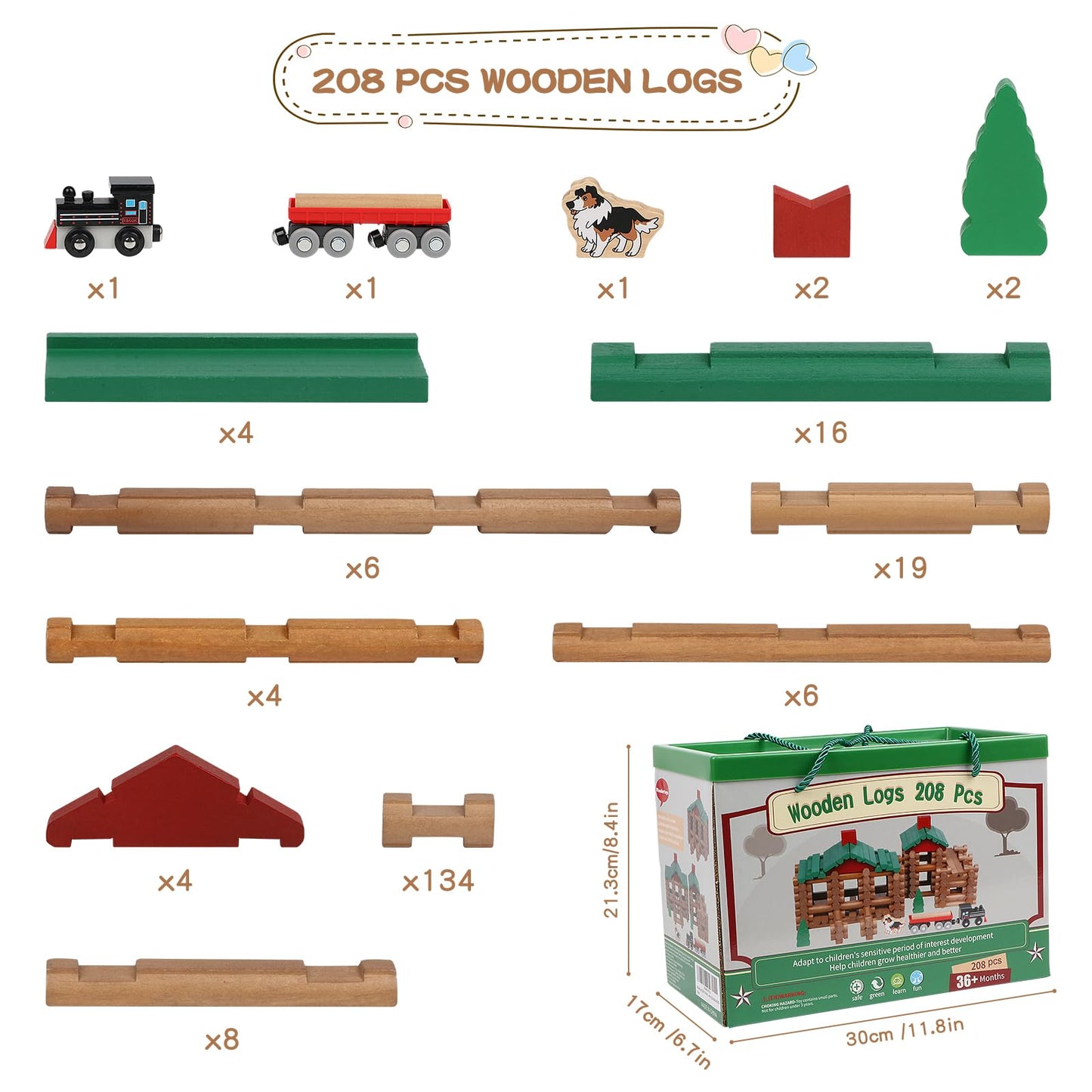 Wondertoys 208 Pcs Wooden Log Set – Classic Building Logs for Ages 3+