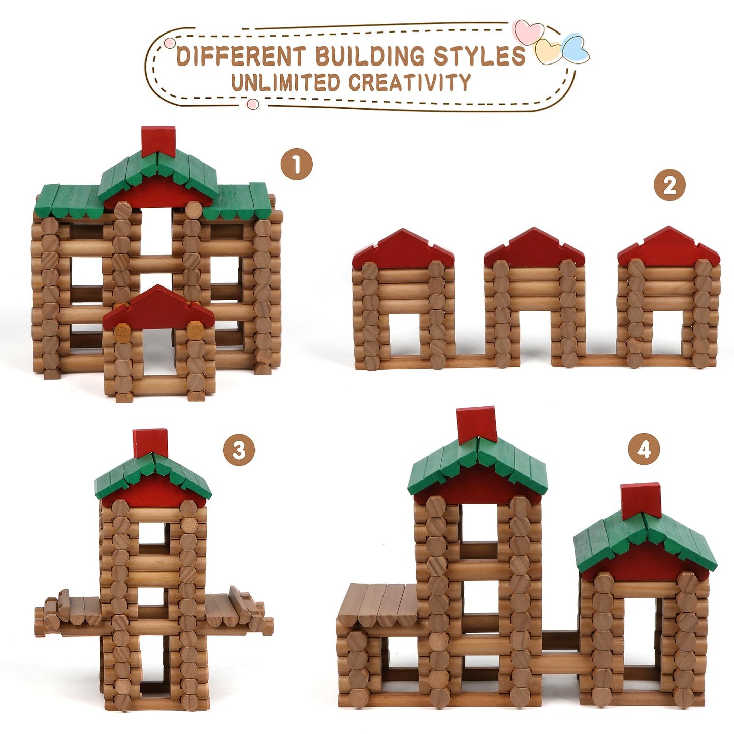 Wondertoys 208 Pcs Wooden Log Set – Classic Building Logs for Ages 3+
