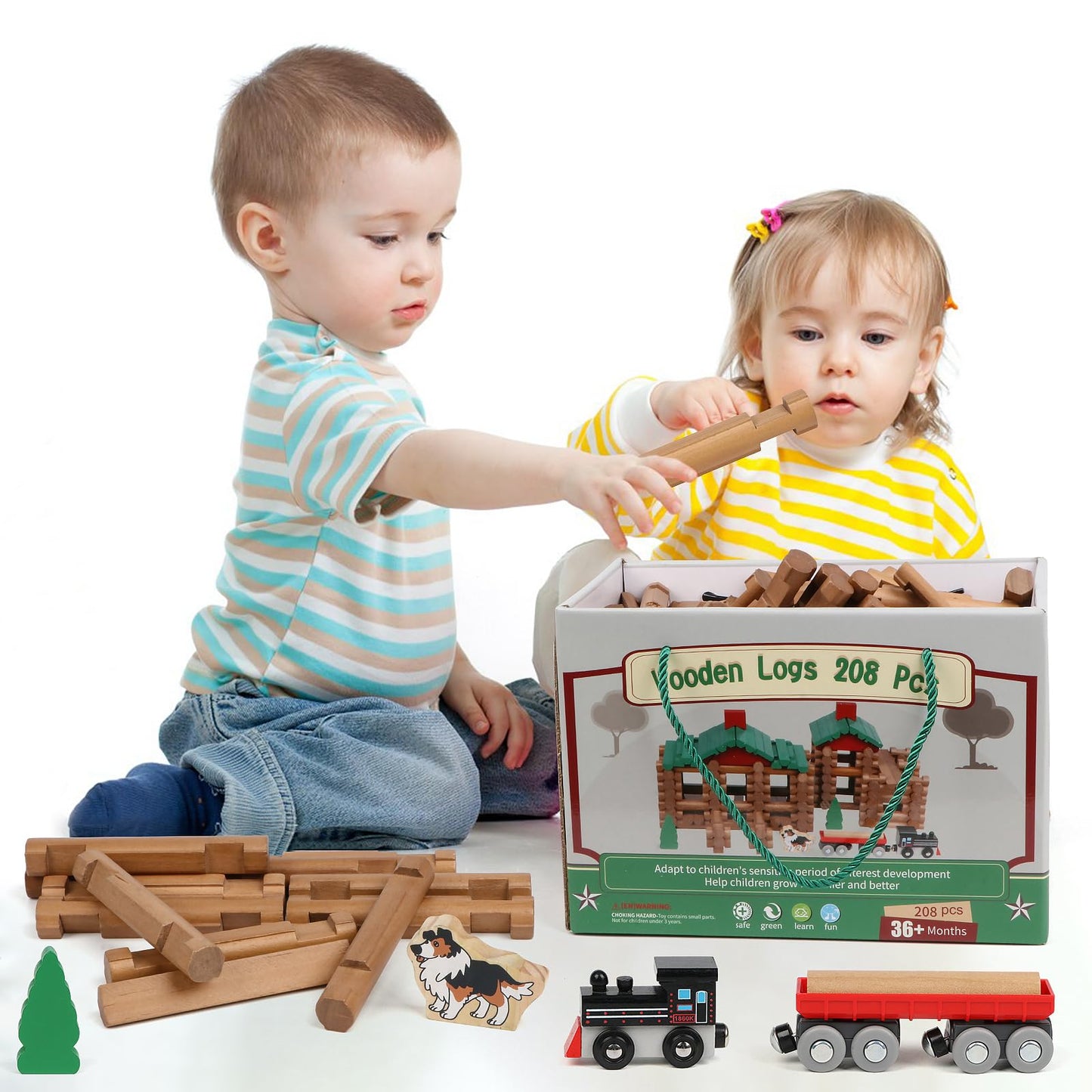 Wondertoys 208 Pcs Wooden Log Set – Classic Building Logs for Ages 3+