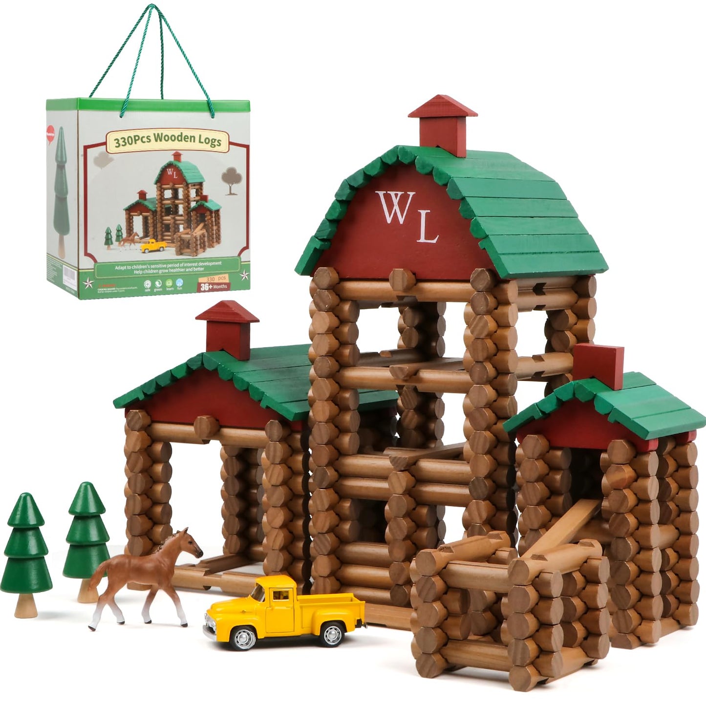 Wondertoys 330 Pcs Wooden Log Set – Real Wood Logs, Portable Carry Case, Educational Building Toy (Ages 3+)