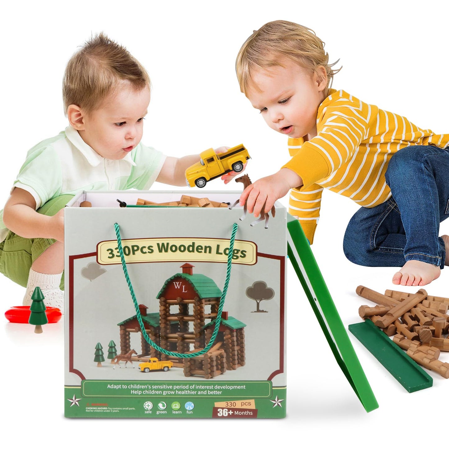 Wondertoys 330 Pcs Wooden Log Set – Real Wood Logs, Portable Carry Case, Educational Building Toy (Ages 3+)