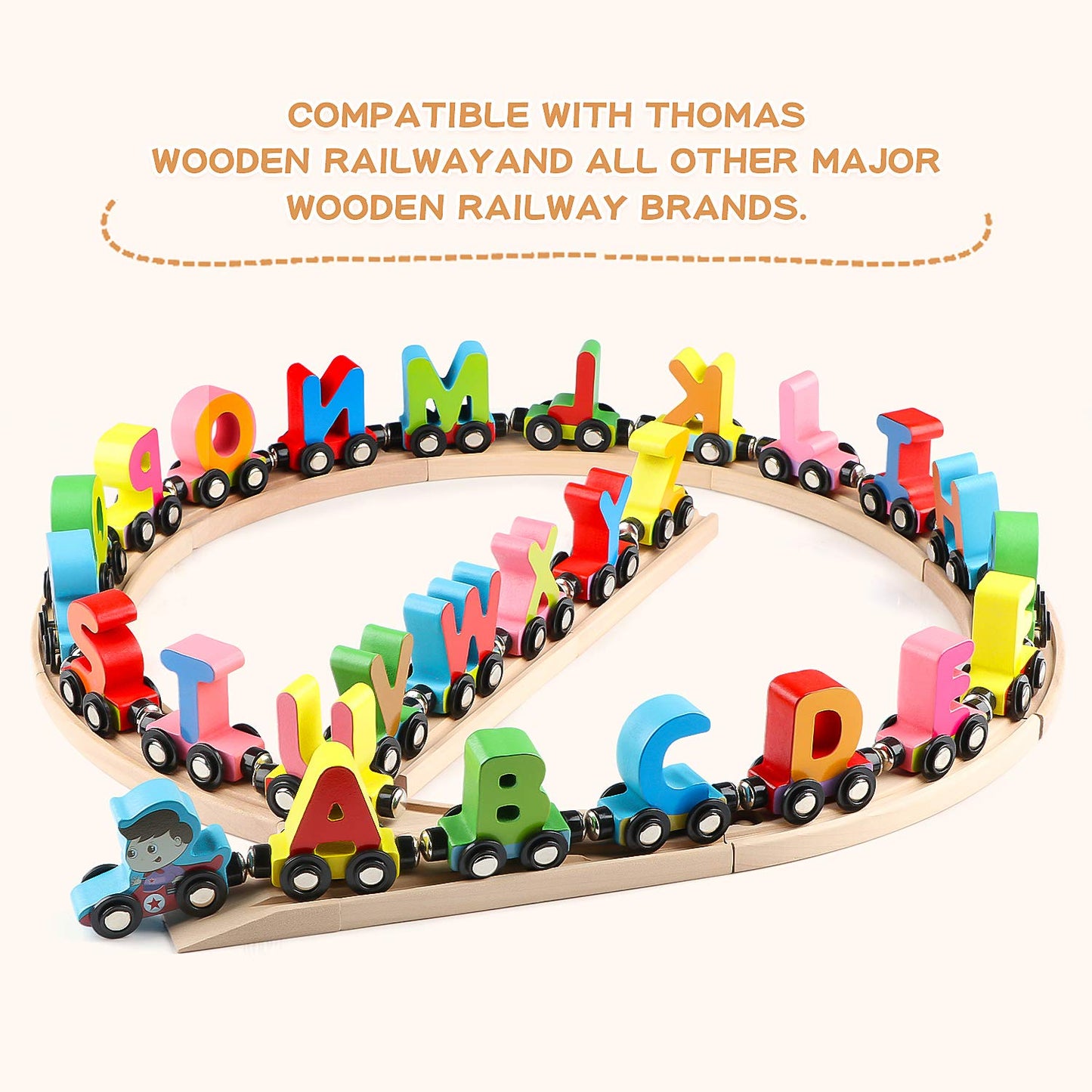 Wondertoys 27-Piece Wooden Alphabet Train Set | Magnetic ABC Train