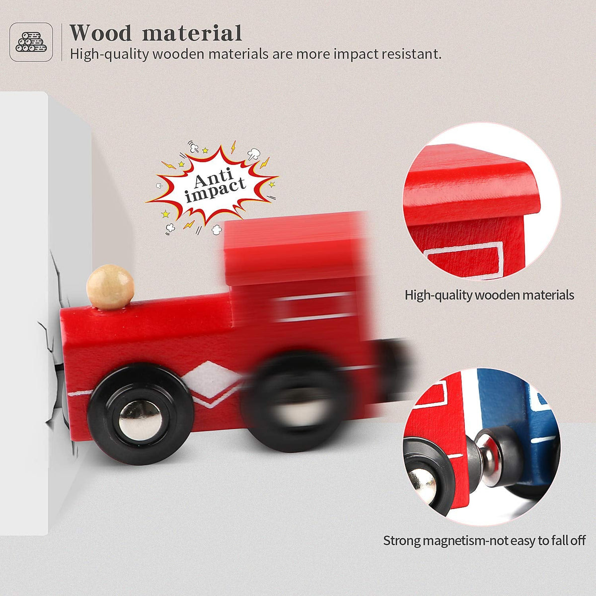 Wondertoys Wooden Train Cars 12-Piece Magnetic Set — 3 Engines, Storage Bag, Compatible with Major Brand Tracks