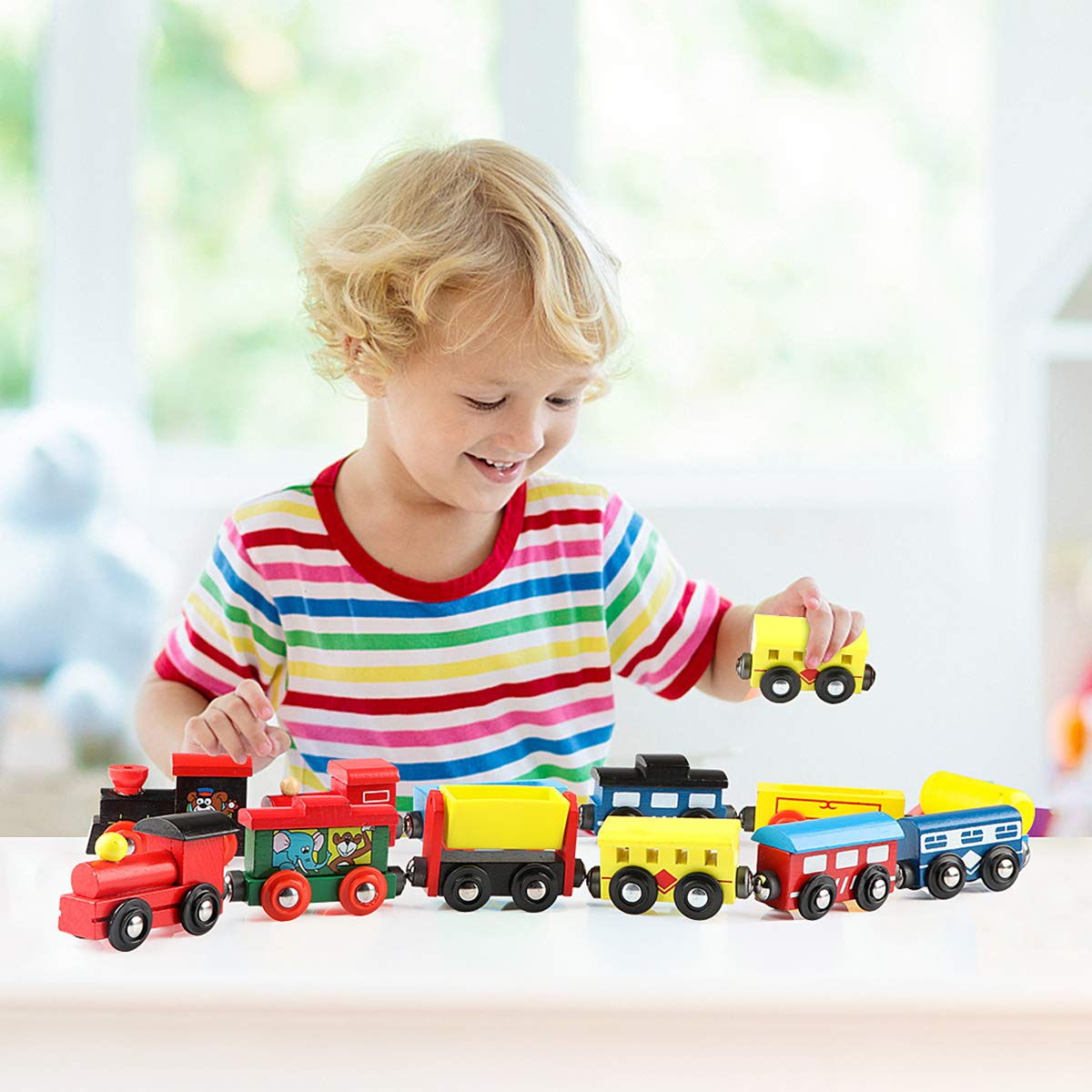 Wondertoys Wooden Train Cars 12-Piece Magnetic Set — 3 Engines, Storage Bag, Compatible with Major Brand Tracks