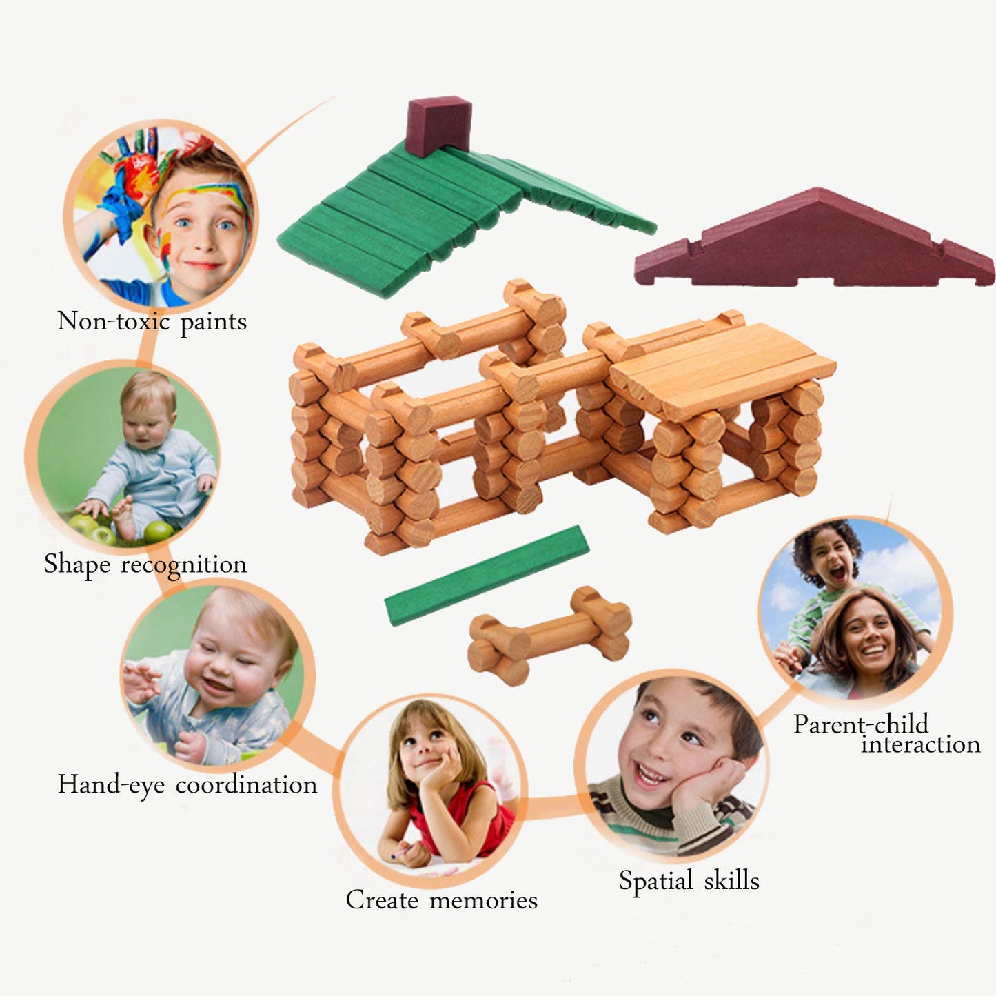 Wondertoys 90 Pieces Classic Wood Cabin Logs Set – Educational Construction Toy for Ages 3–6