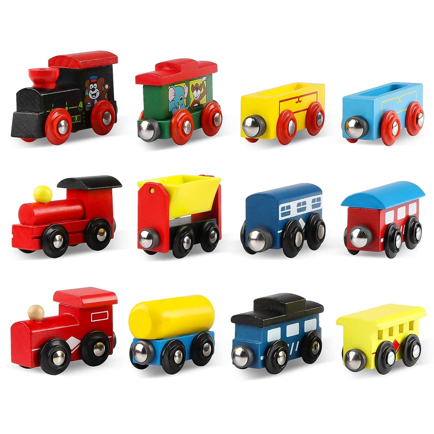 Wondertoys Wooden Train Cars 12-Piece Magnetic Set — 3 Engines, Storage Bag, Compatible with Major Brand Tracks