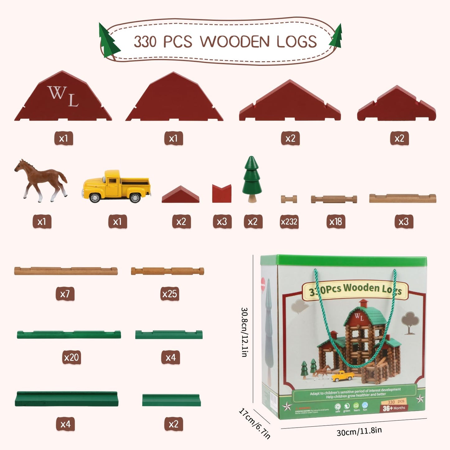Wondertoys 330 Pcs Wooden Log Set – Real Wood Logs, Portable Carry Case, Educational Building Toy (Ages 3+)