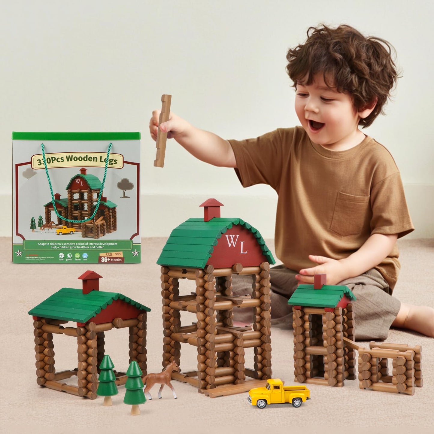 Wondertoys 330 Pcs Wooden Log Set – Real Wood Logs, Portable Carry Case, Educational Building Toy (Ages 3+)
