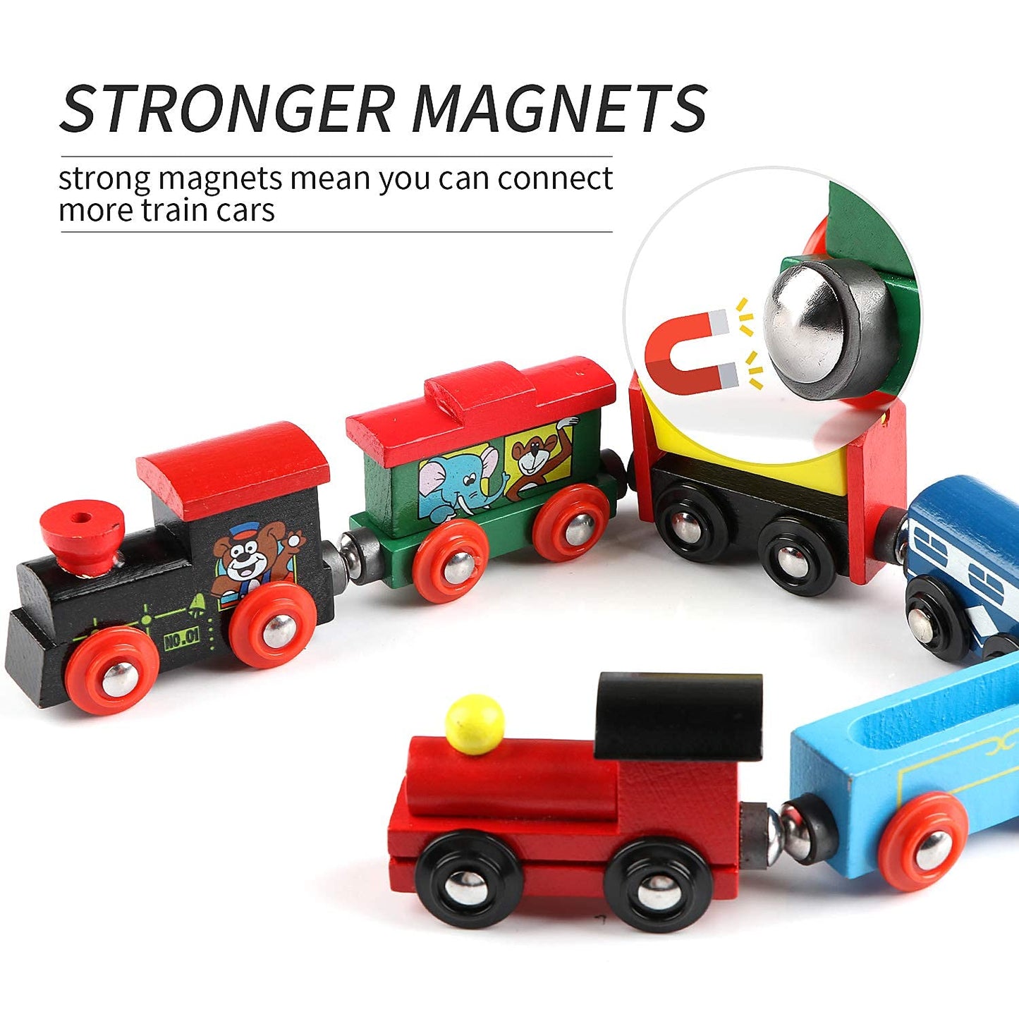 Wondertoys Wooden Train Cars 12-Piece Magnetic Set — 3 Engines, Storage Bag, Compatible with Major Brand Tracks