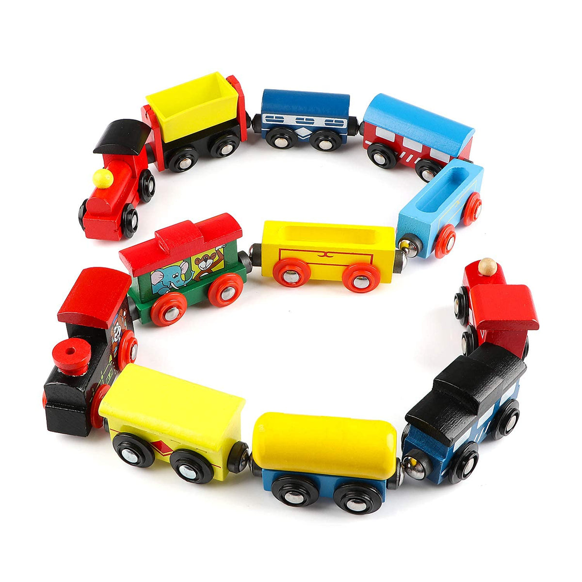 Wondertoys Wooden Train Cars 12-Piece Magnetic Set — 3 Engines, Storage Bag, Compatible with Major Brand Tracks