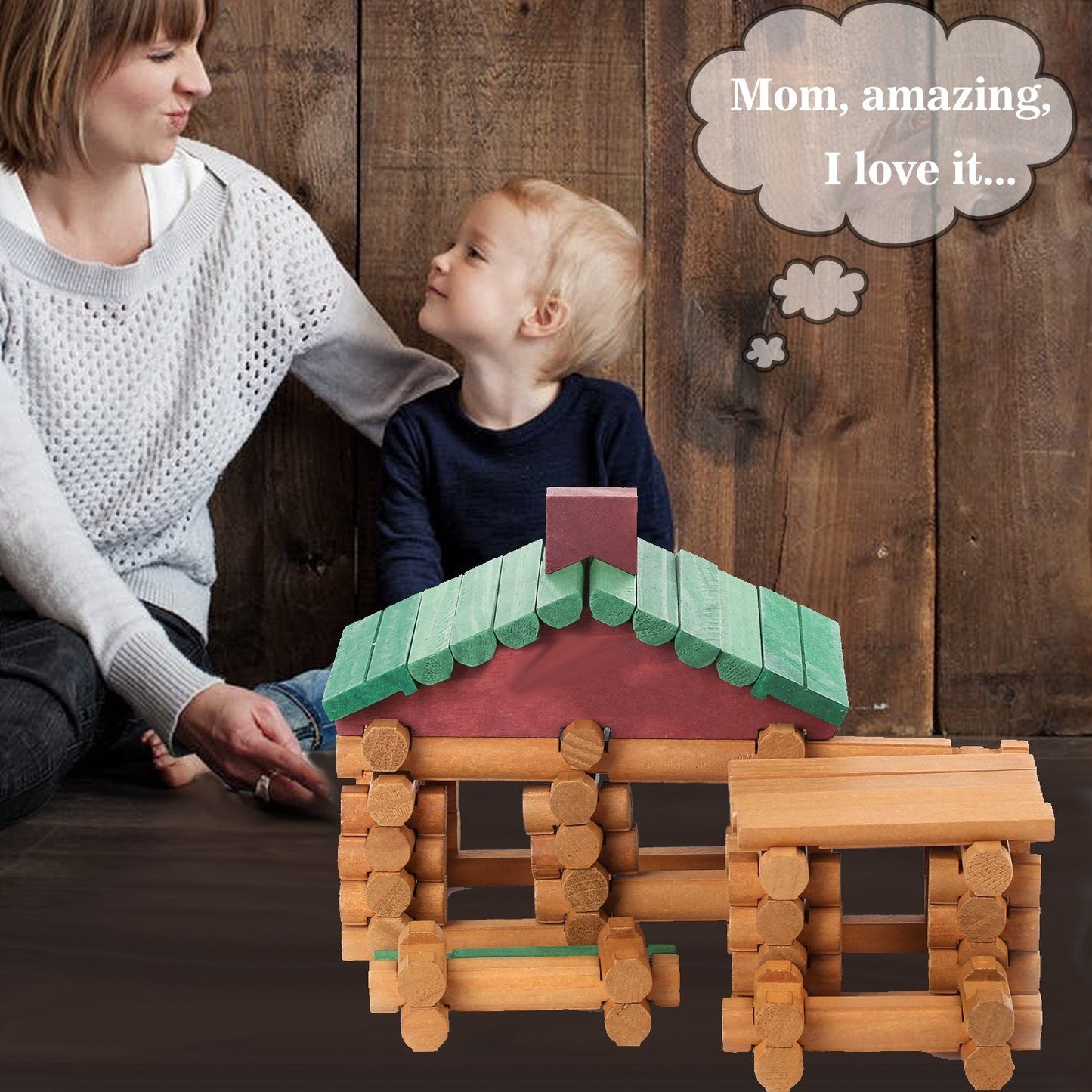 Wondertoys 90 Pieces Classic Wood Cabin Logs Set – Educational Construction Toy for Ages 3–6