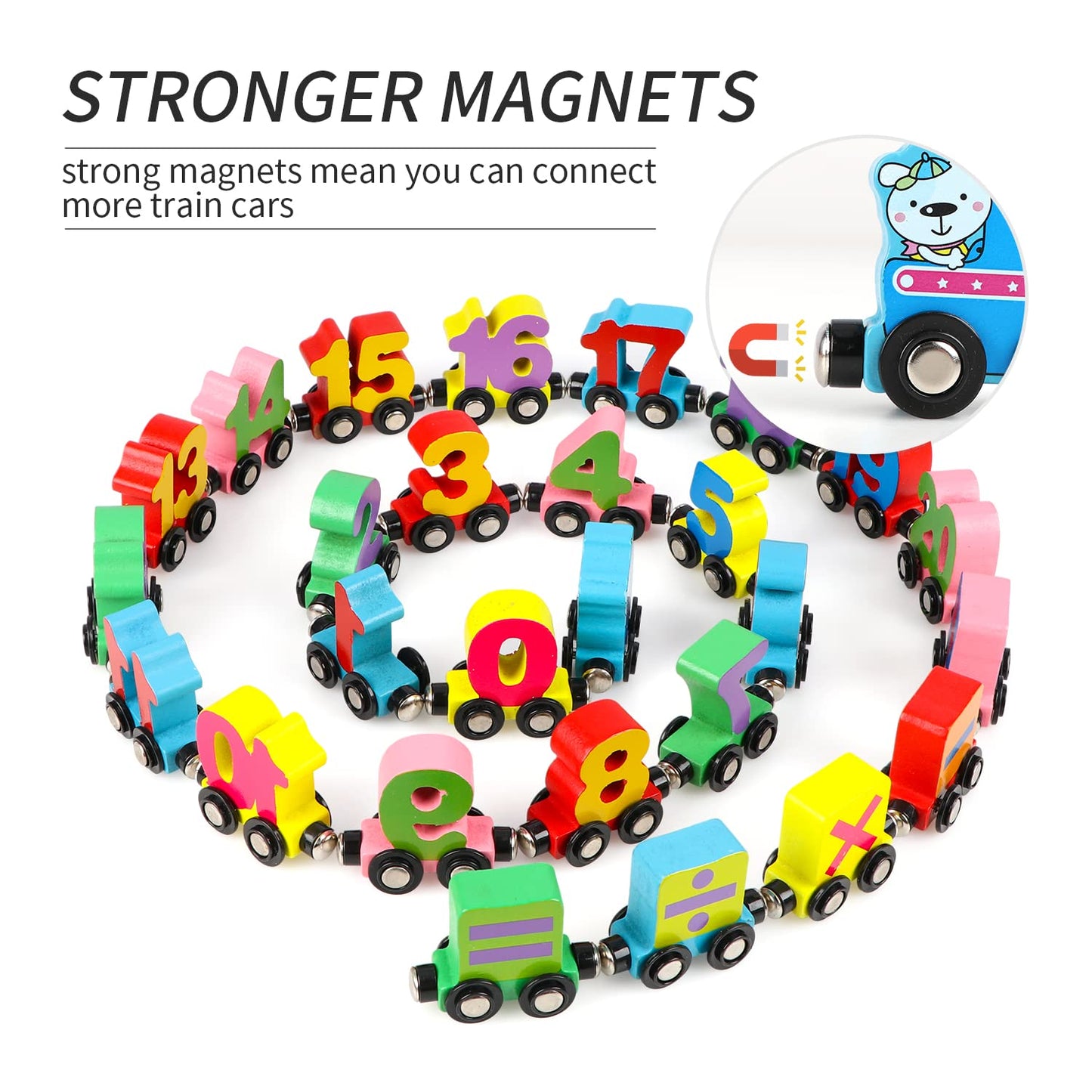Wondertoys 27-Piece Wooden Magnetic Number Train Set – Compatible with Major Brand Tracks