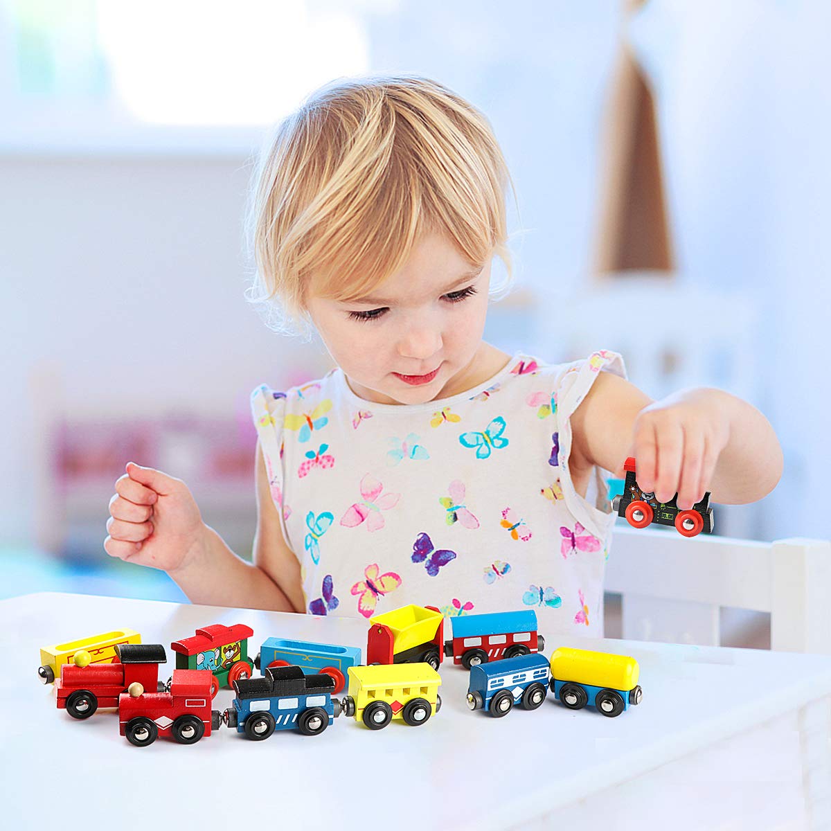 Wondertoys Wooden Train Cars 12-Piece Magnetic Set — 3 Engines, Storage Bag, Compatible with Major Brand Tracks
