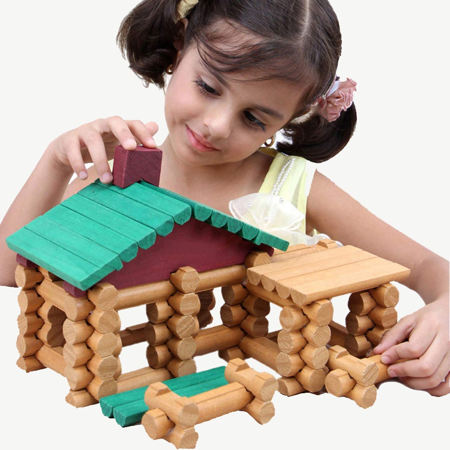 Wondertoys 90 Pieces Classic Wood Cabin Logs Set – Educational Construction Toy for Ages 3–6