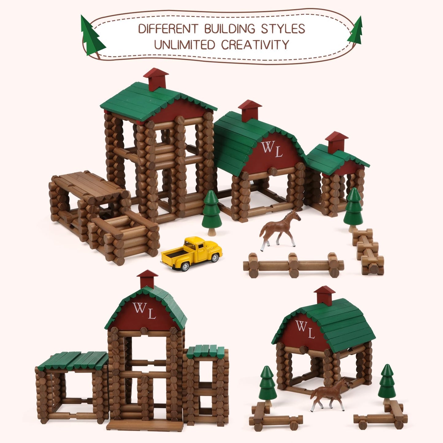Wondertoys 330 Pcs Wooden Log Set – Real Wood Logs, Portable Carry Case, Educational Building Toy (Ages 3+)