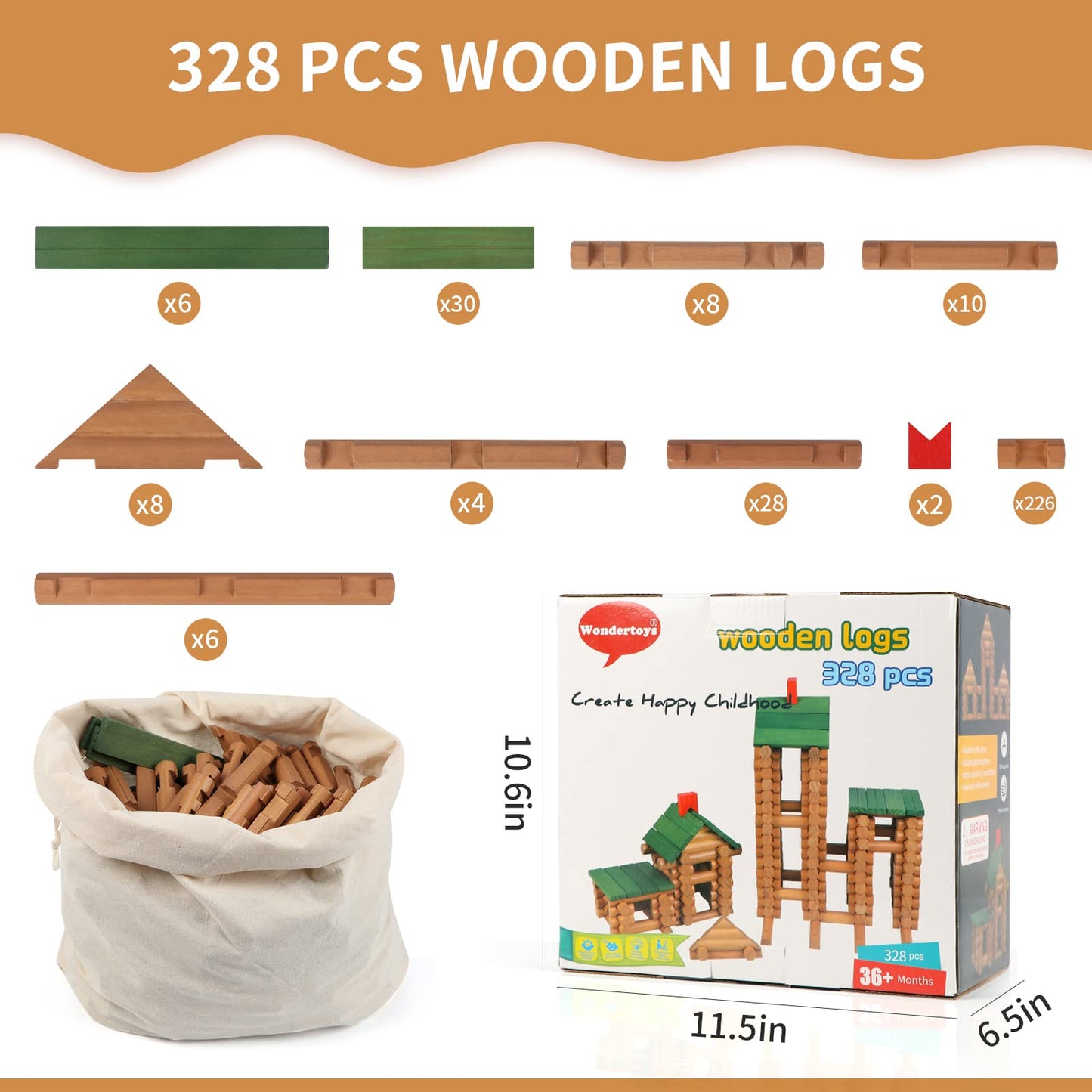 Wondertoys 328-Piece Wooden Logs Set for Kids 3+ | Classic Building Toys