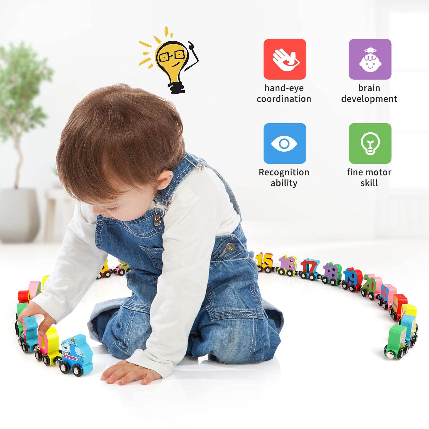 Wondertoys 27-Piece Wooden Magnetic Number Train Set – Compatible with Major Brand Tracks