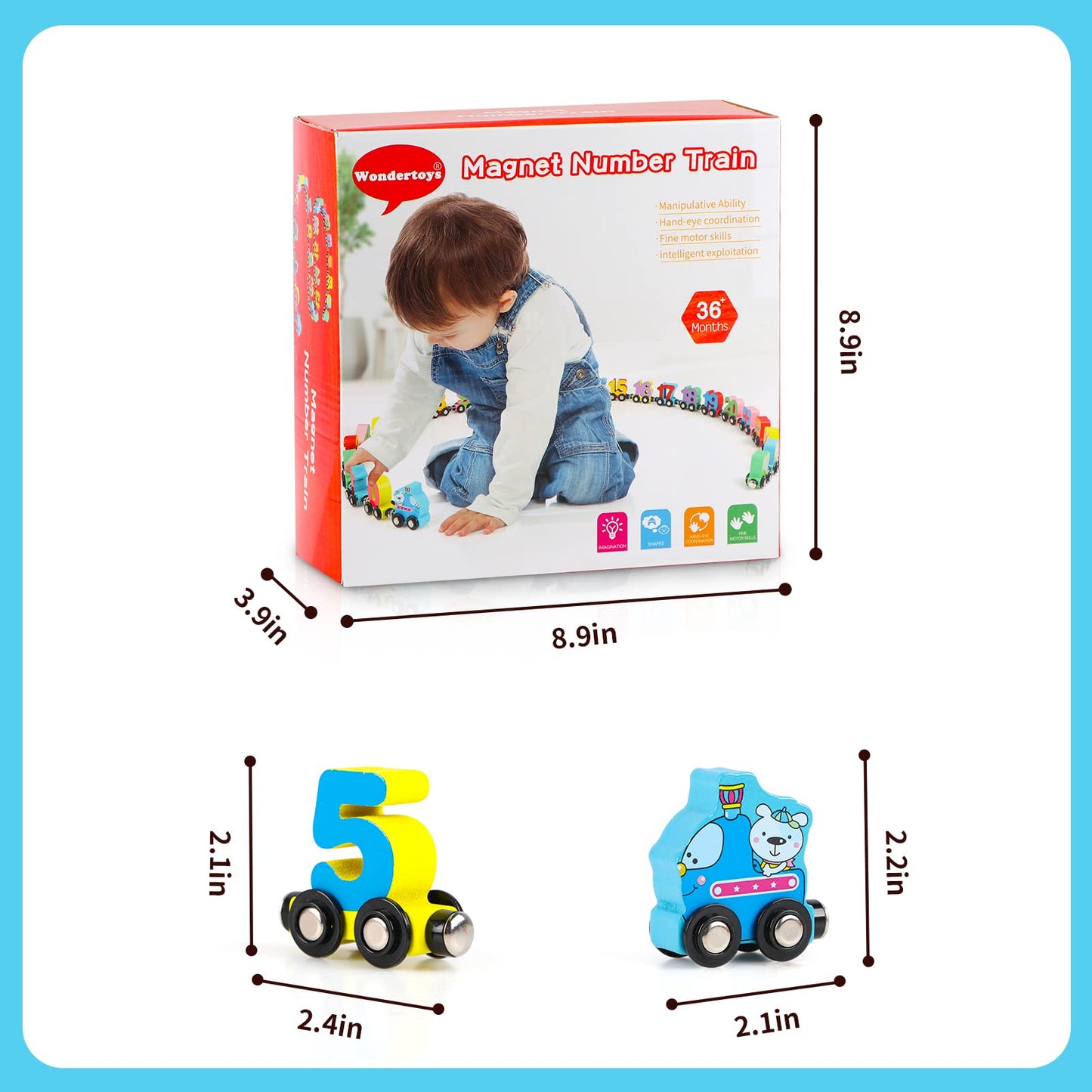 Wondertoys 27-Piece Wooden Magnetic Number Train Set – Compatible with Major Brand Tracks