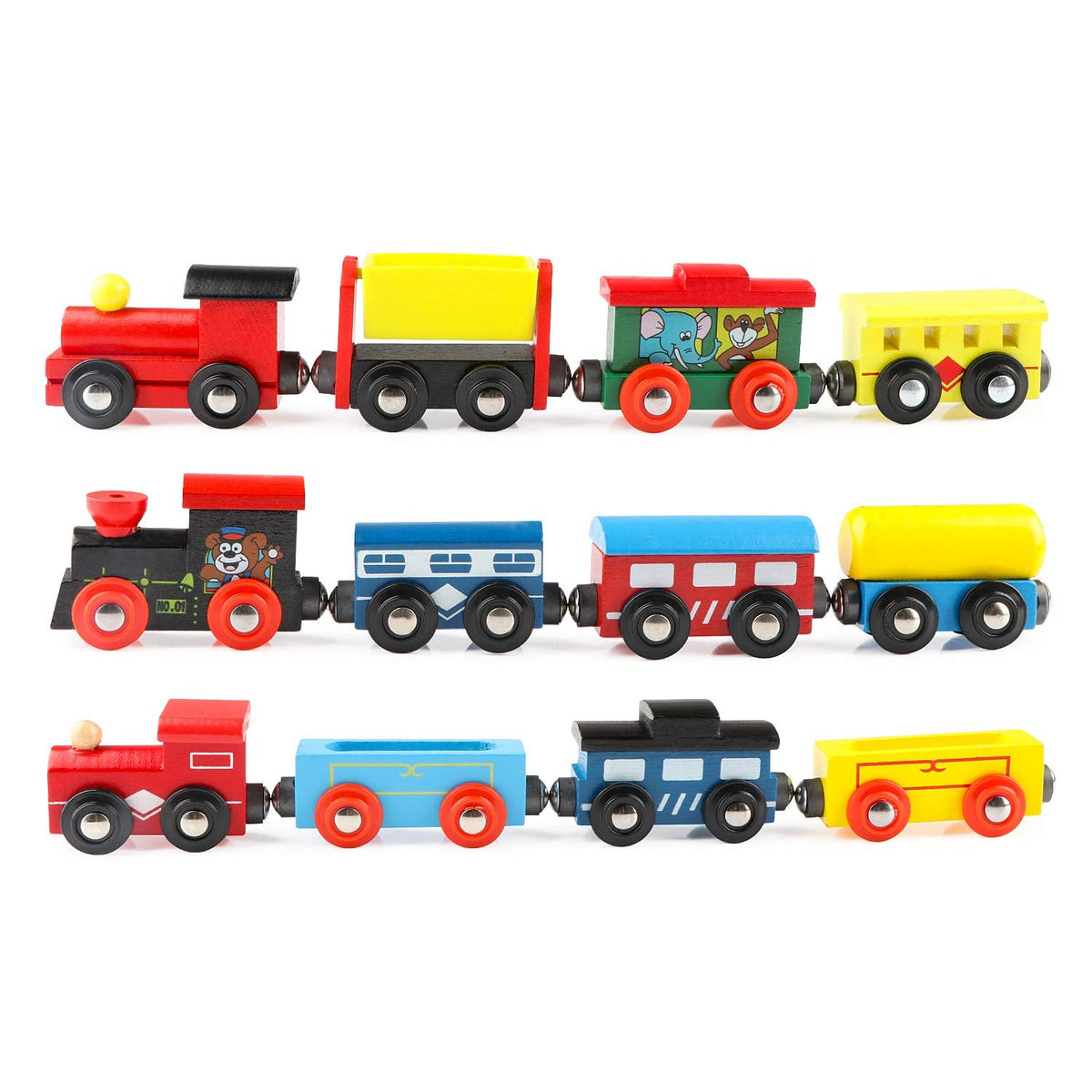 Wondertoys Wooden Train Cars 12-Piece Magnetic Set — 3 Engines, Storage Bag, Compatible with Major Brand Tracks