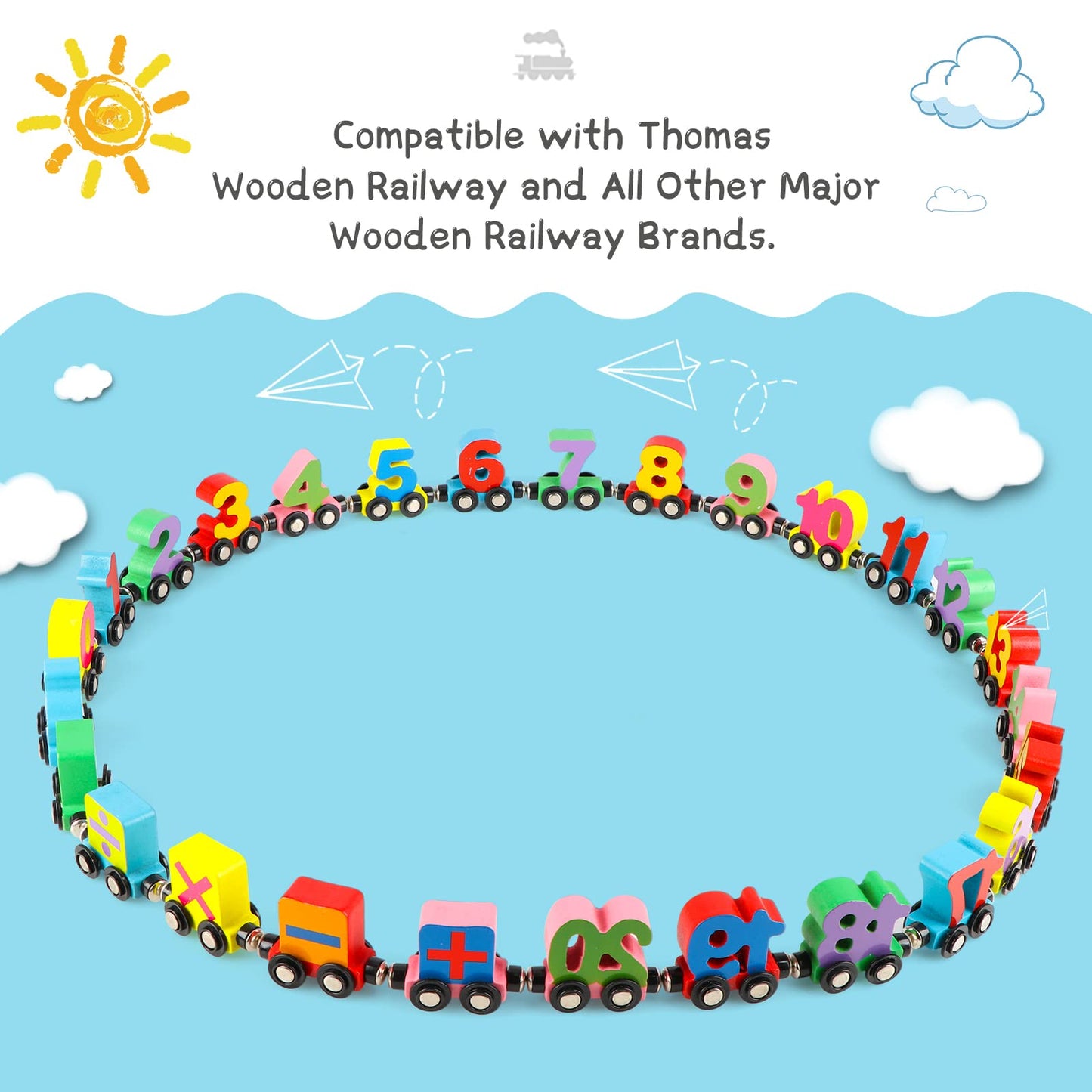 Wondertoys 27-Piece Wooden Magnetic Number Train Set – Compatible with Major Brand Tracks