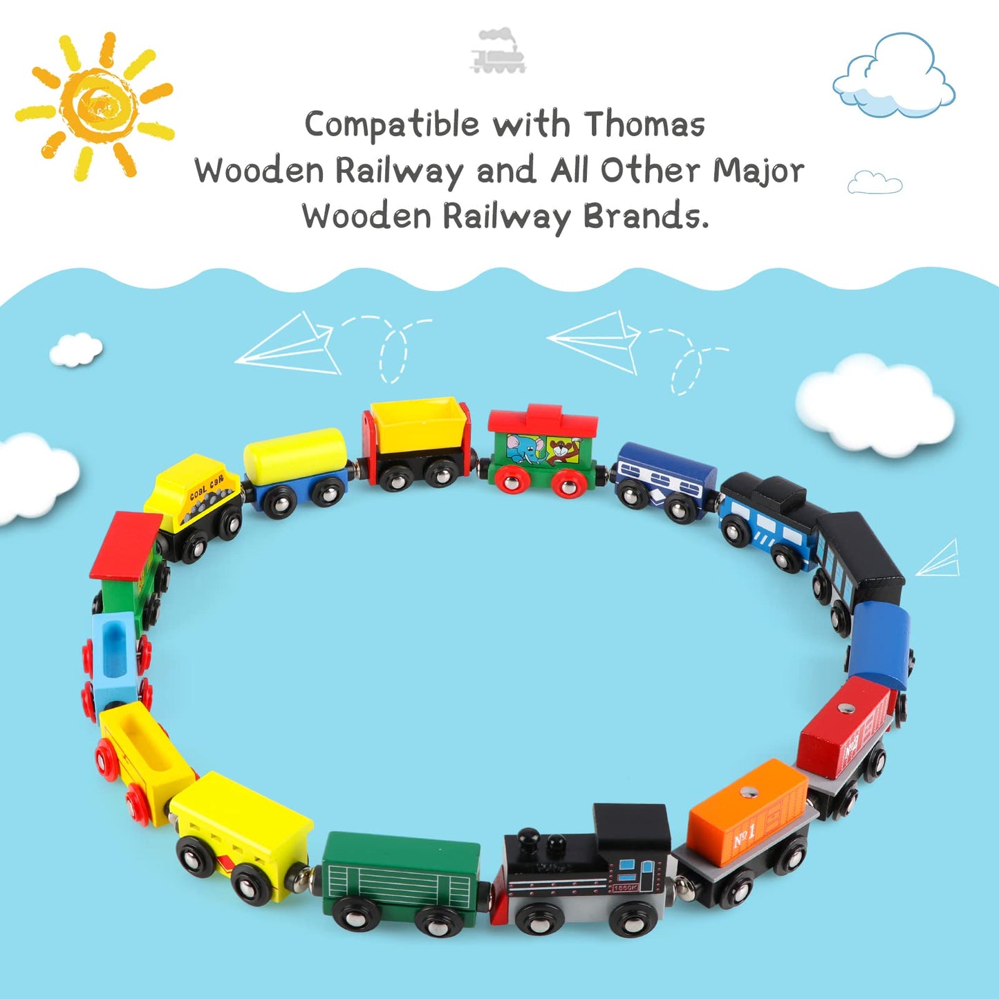 Wondertoys Wooden Train Set – 16 Pcs Magnetic Tracks with Storage Bag for Toddlers & Kids