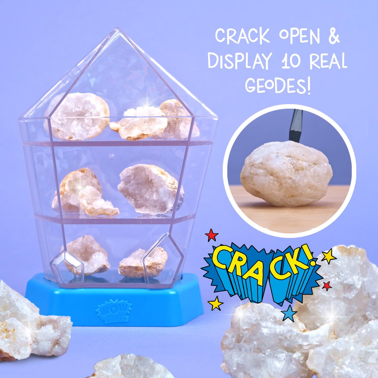 Wow in The World: 10 Real Crystal Geodes with Display Case – STEM Geology Toy for Kids 6+ (Thames & Kosmos)