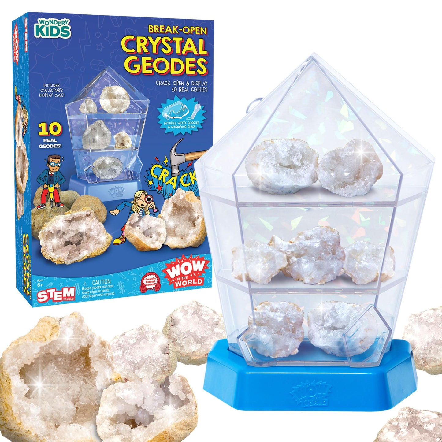 Wow in The World: 10 Real Crystal Geodes with Display Case – STEM Geology Toy for Kids 6+ (Thames & Kosmos)