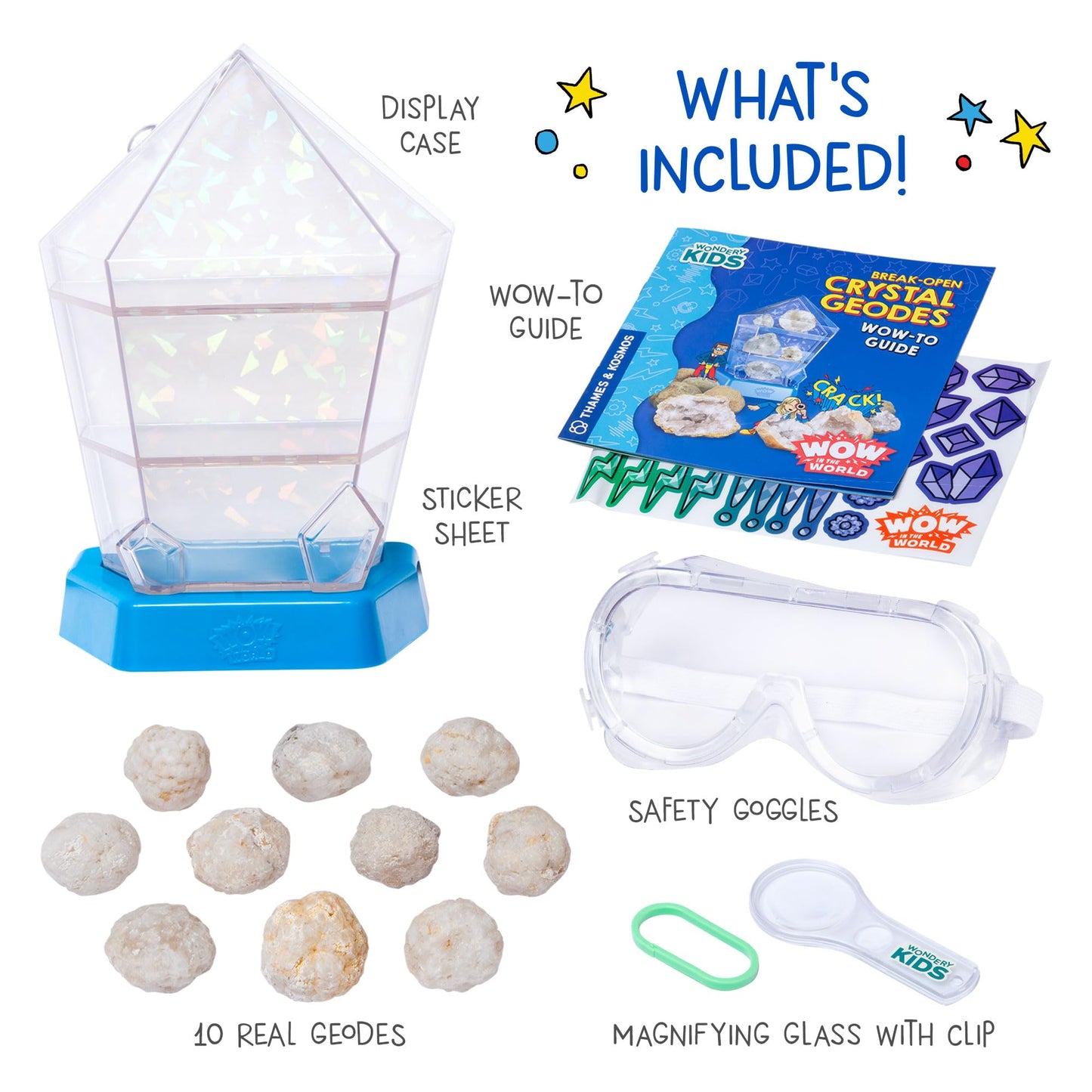 Wow in The World: 10 Real Crystal Geodes with Display Case – STEM Geology Toy for Kids 6+ (Thames & Kosmos)