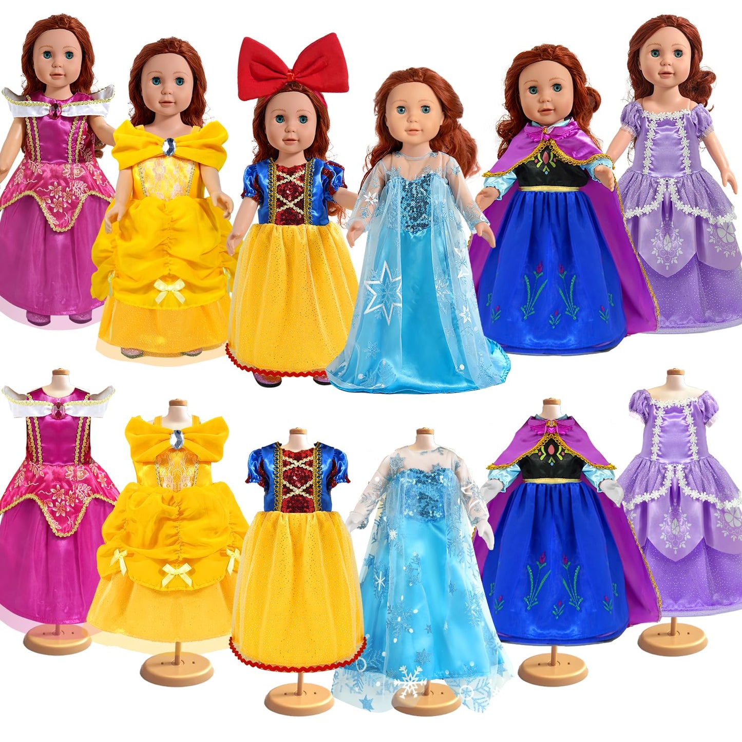WONDOLL 18-Inch Doll Clothes & Accessories — 6 Princess Costumes with Tiaras