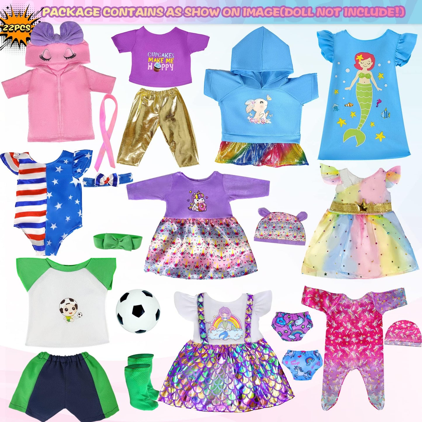 WONDOLL 12 Sets 14-16 Inch Doll Clothes Outfit Dress Headbands Accessories | Fits 43cm New Born & 15-Inch Dolls