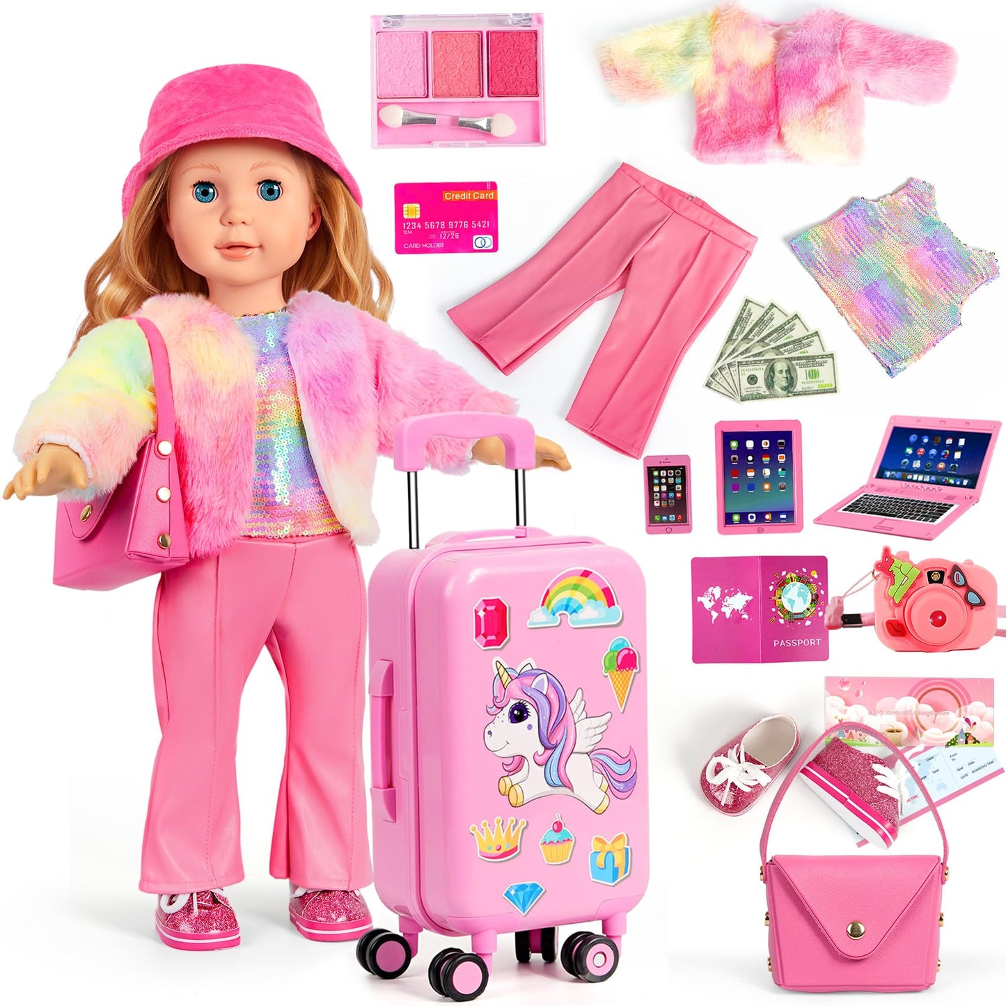 WONDOLL 26-Piece Travel Gear for 18-Inch Dolls – Luggage, Clothes & Accessories