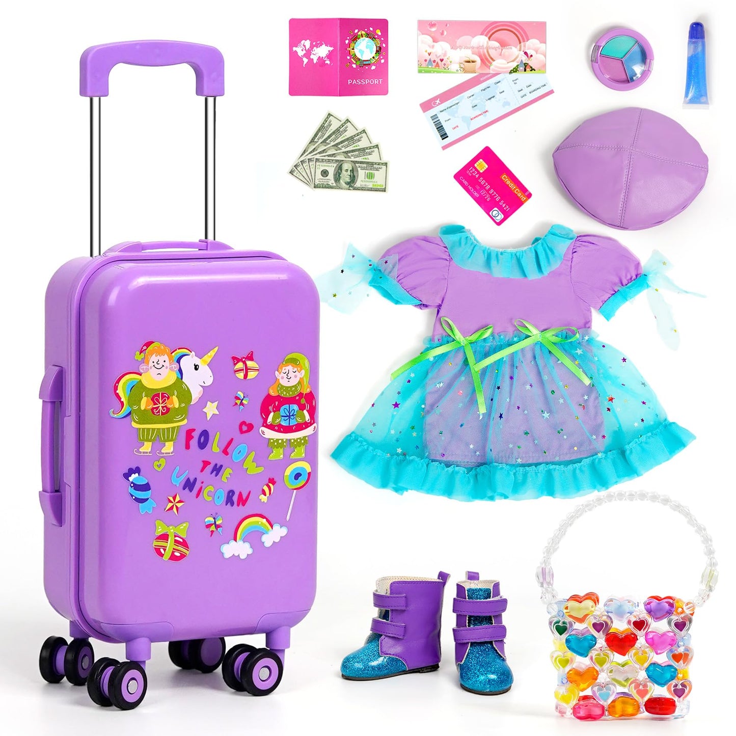 WONDOLL 18-Inch Doll Travel Set: Luggage, Clothes & Accessories (Dolls Not Included)