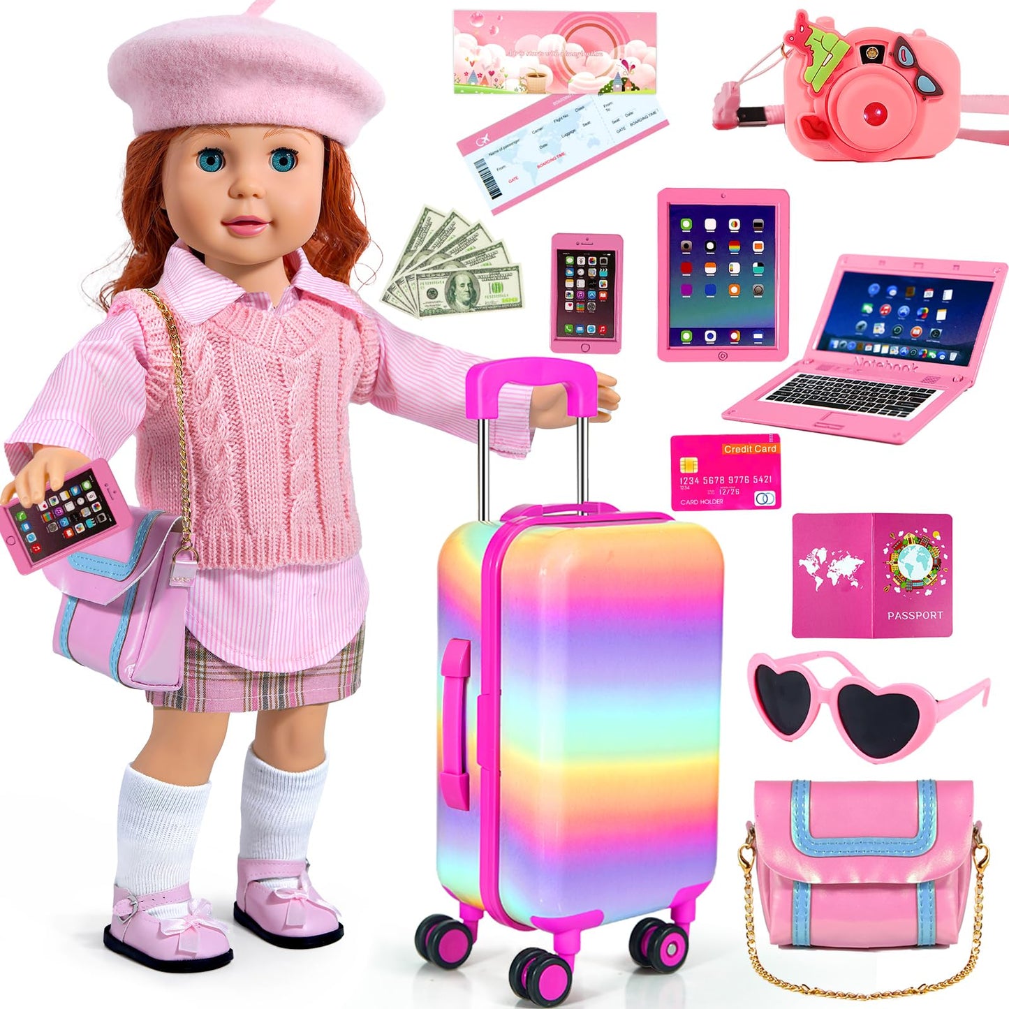 WONDOLL 27-Piece 18-Inch Doll Travel Suitcase Set – Luggage & Accessories