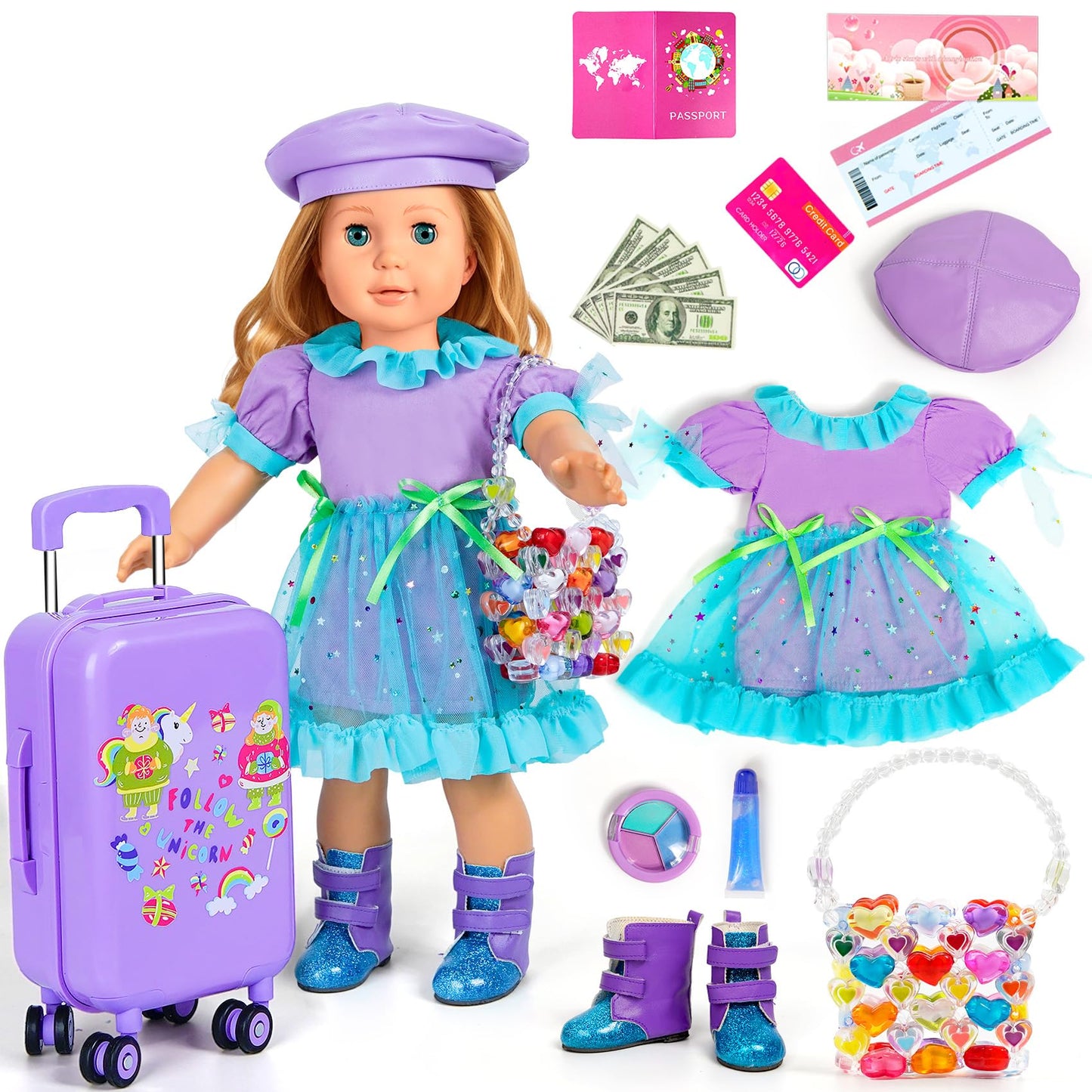 WONDOLL 18-Inch Doll Travel Set: Luggage, Clothes & Accessories (Dolls Not Included)