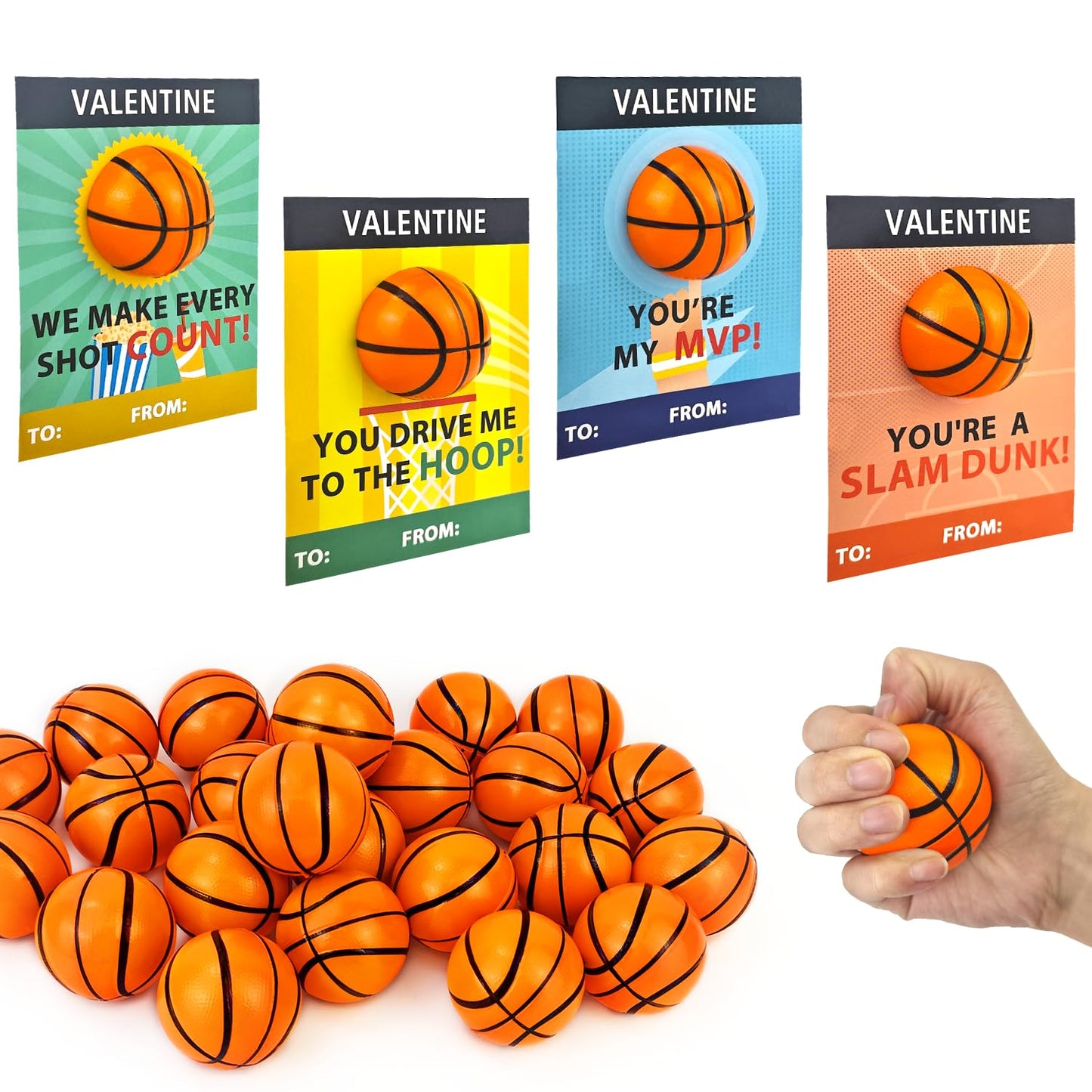 Wondrus Basketball Valentines Cards — 24 Mini Foam Toys for Kids
