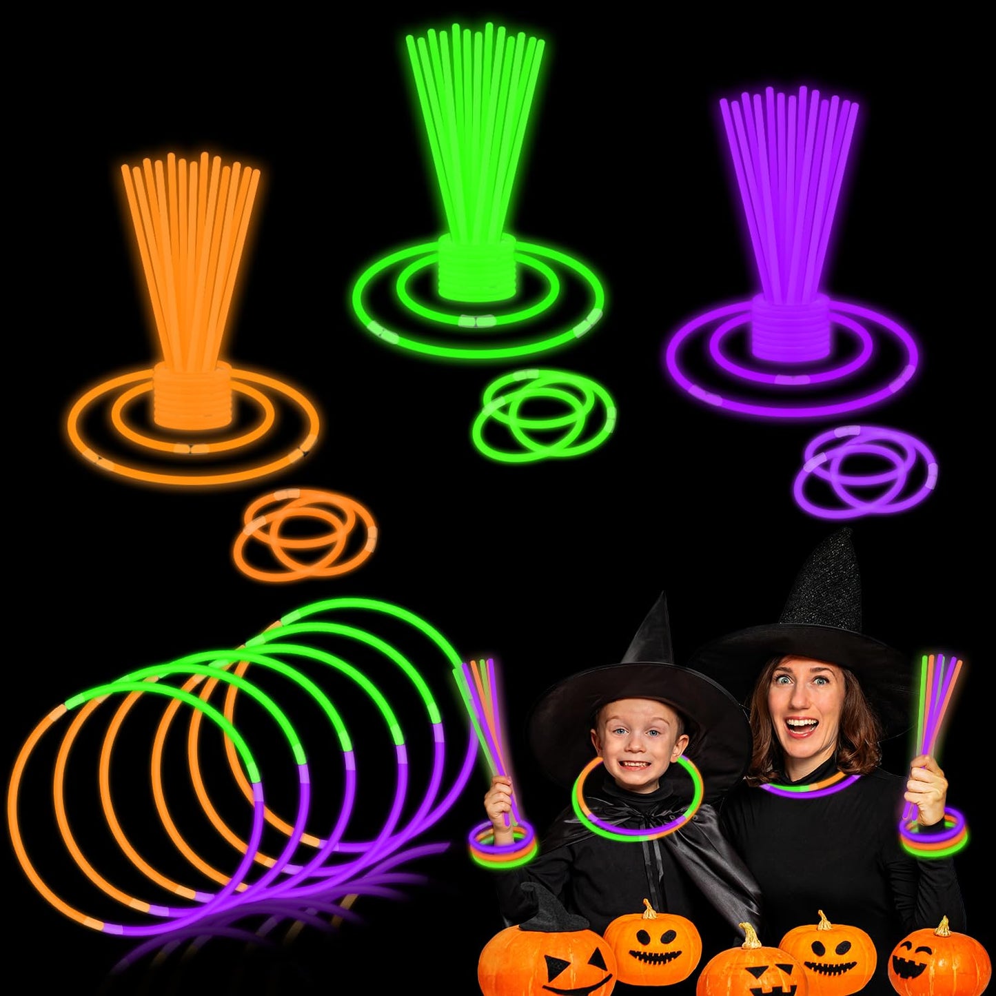 Wondrus Bulk Mardi Gras Glow Sticks 300 Pcs - Green Orange Purple with Connectors
