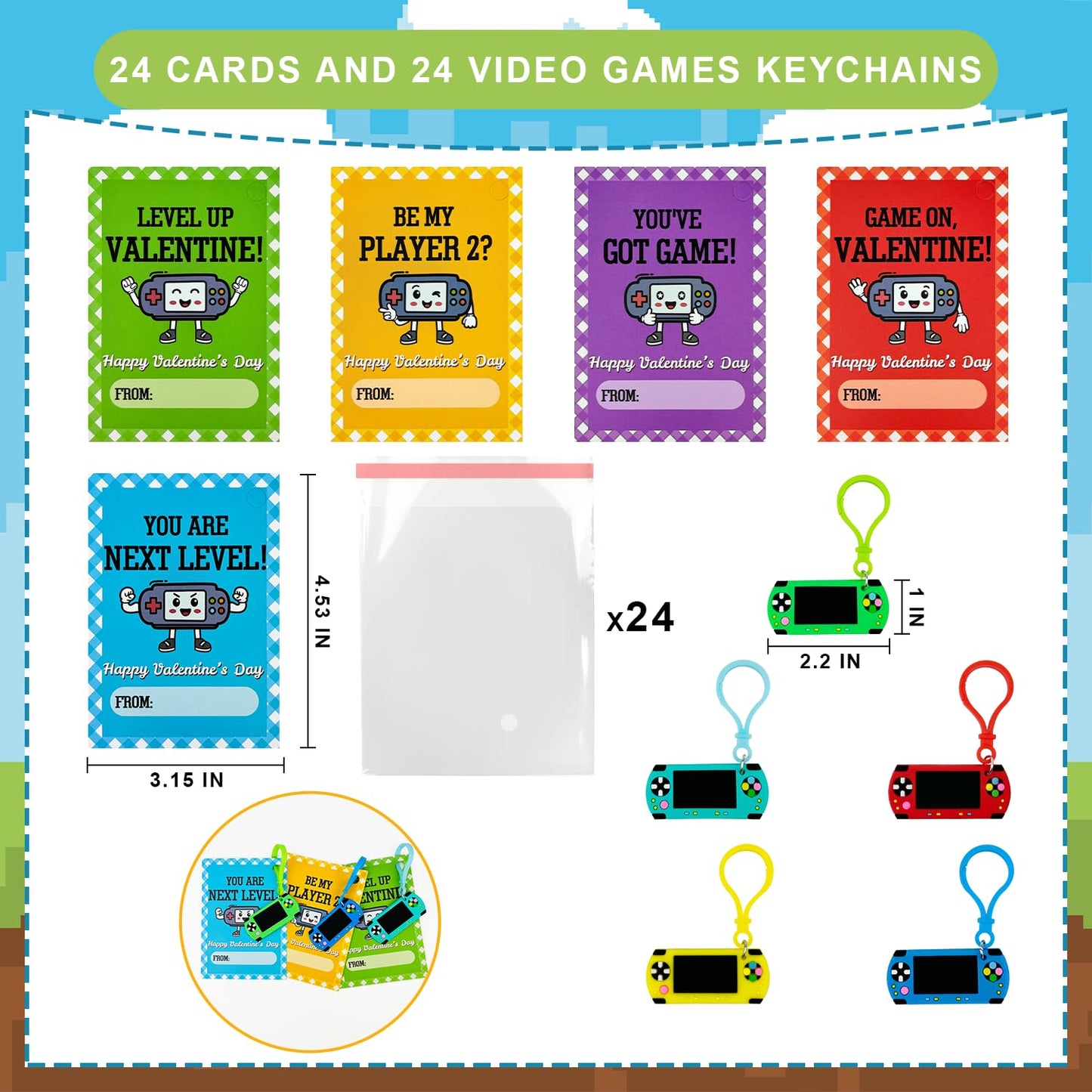 Wondrus Valentines Day Classroom Gifts — 24-Pack Video Game Keychains & Exchange Cards for 3rd–5th Grade