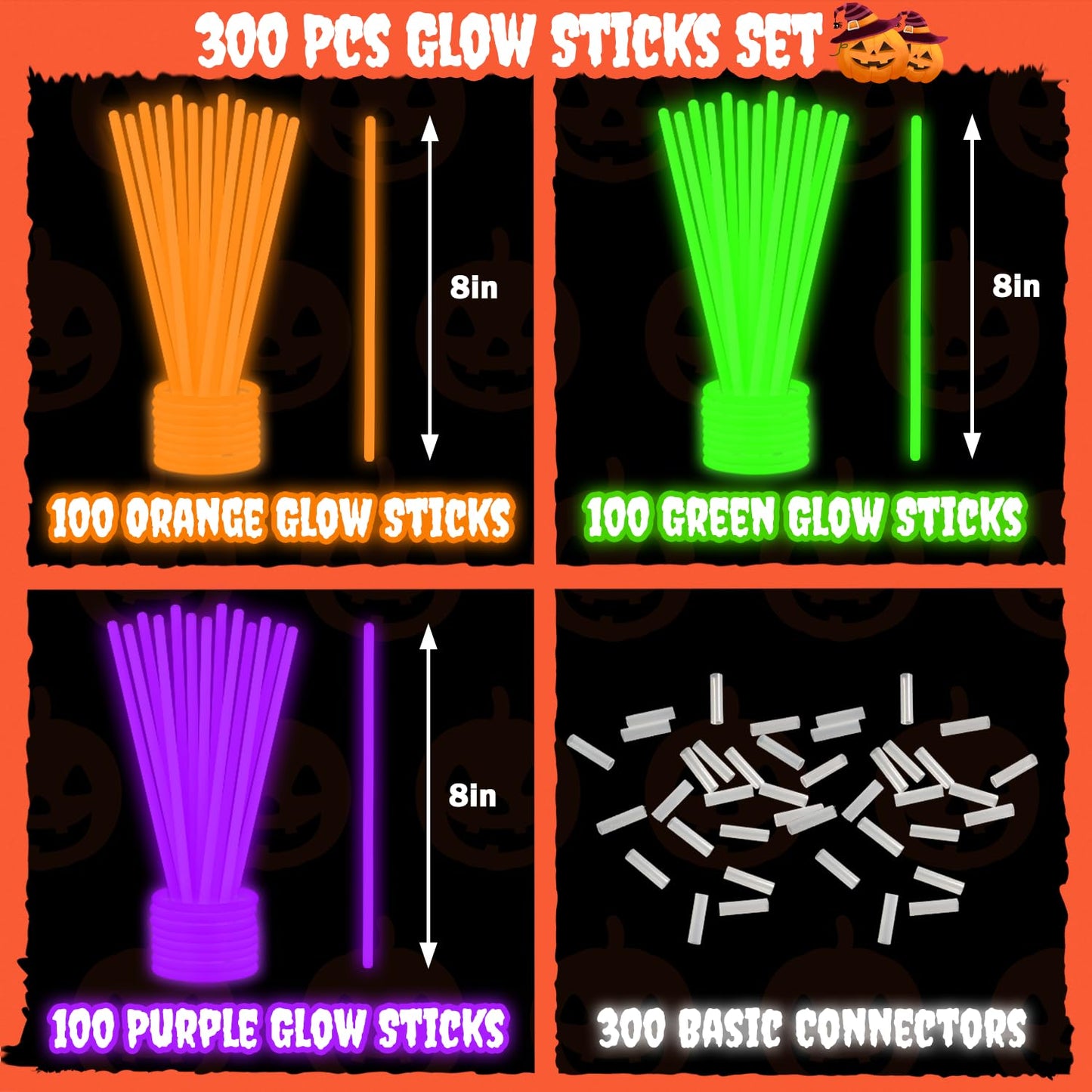 Wondrus Bulk Mardi Gras Glow Sticks 300 Pcs - Green Orange Purple with Connectors