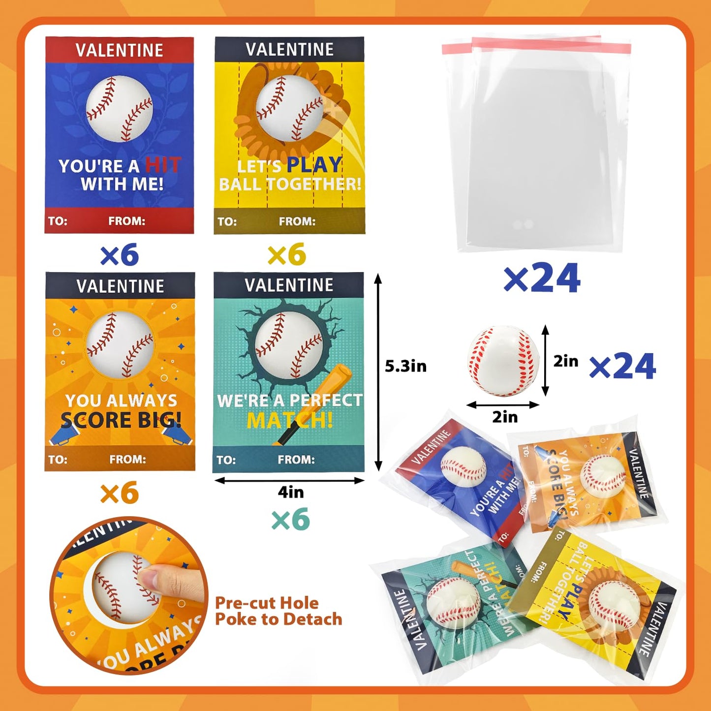 Wondrus Baseball Valentines Cards & 24 Mini Stress Balls – Non-Candy Classroom Gifts