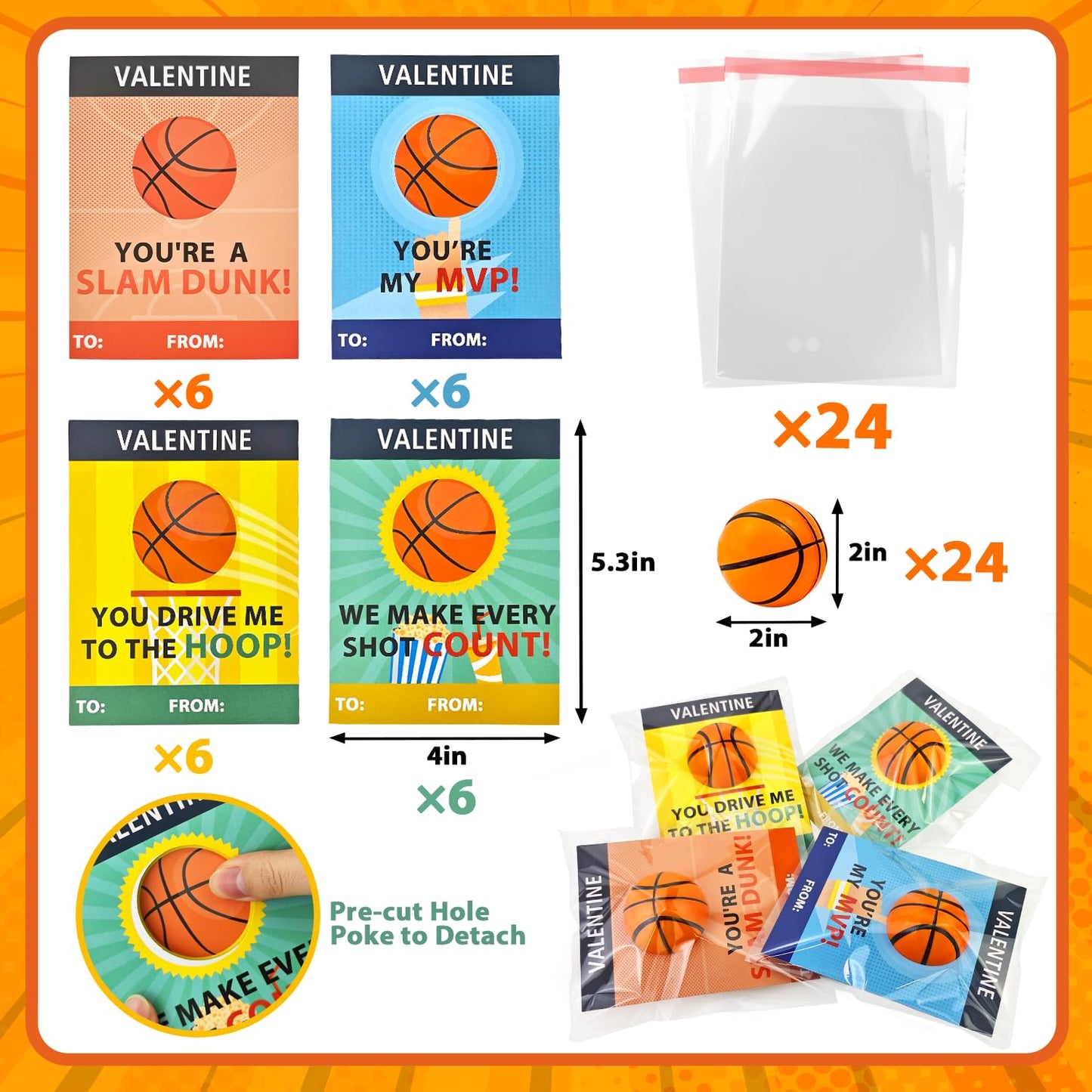 Wondrus Basketball Valentines Cards — 24 Mini Foam Toys for Kids