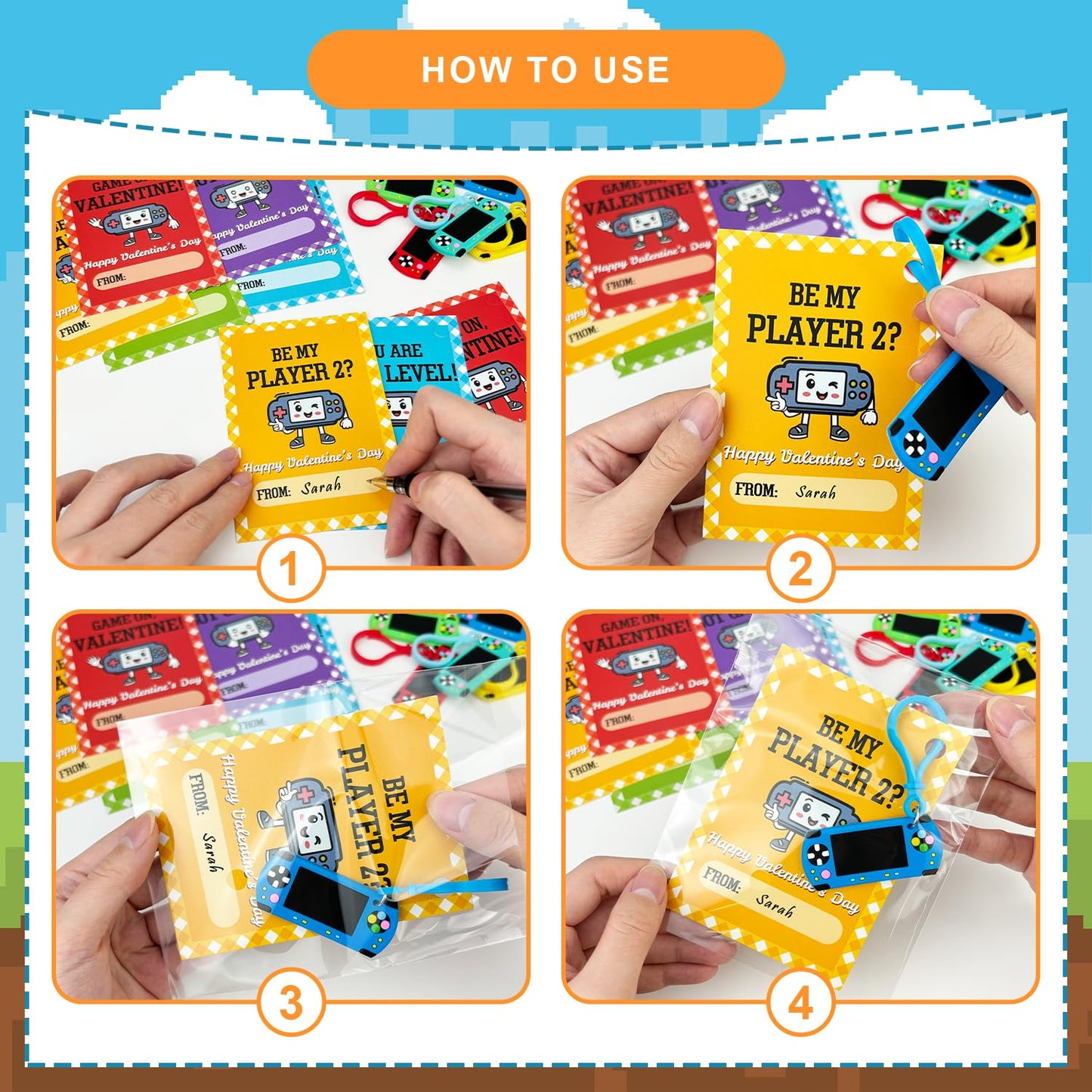 Wondrus Valentines Day Classroom Gifts — 24-Pack Video Game Keychains & Exchange Cards for 3rd–5th Grade