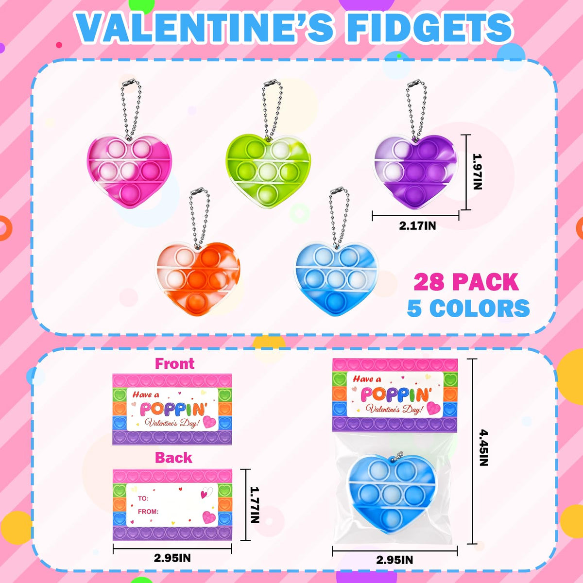 Wondrus Valentines Gift Set 28 Heart Pop Fidget Toys Cards Keychains for Classroom