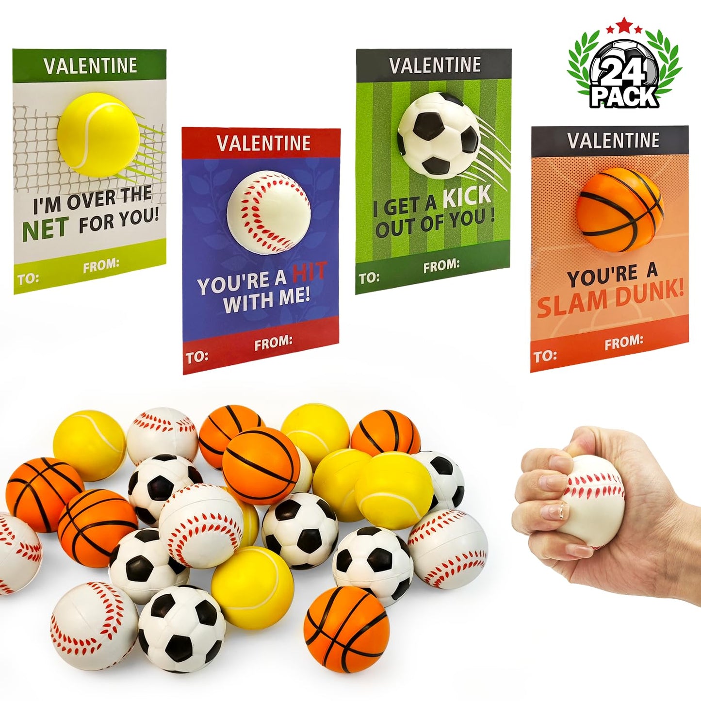 Wondrus Stress Ball Valentines Day Cards – 24-Pack Mini Foam Sports Toys for Kids