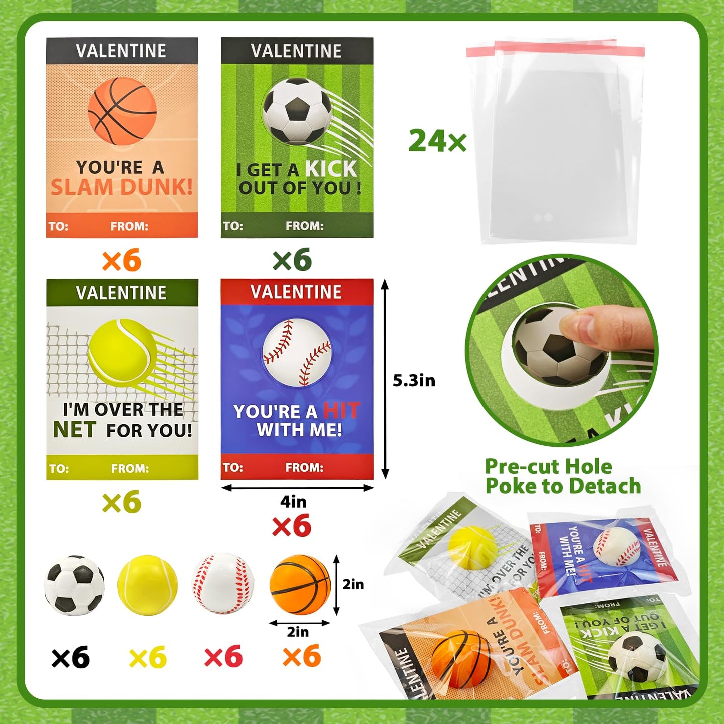 Wondrus Stress Ball Valentines Day Cards – 24-Pack Mini Foam Sports Toys for Kids