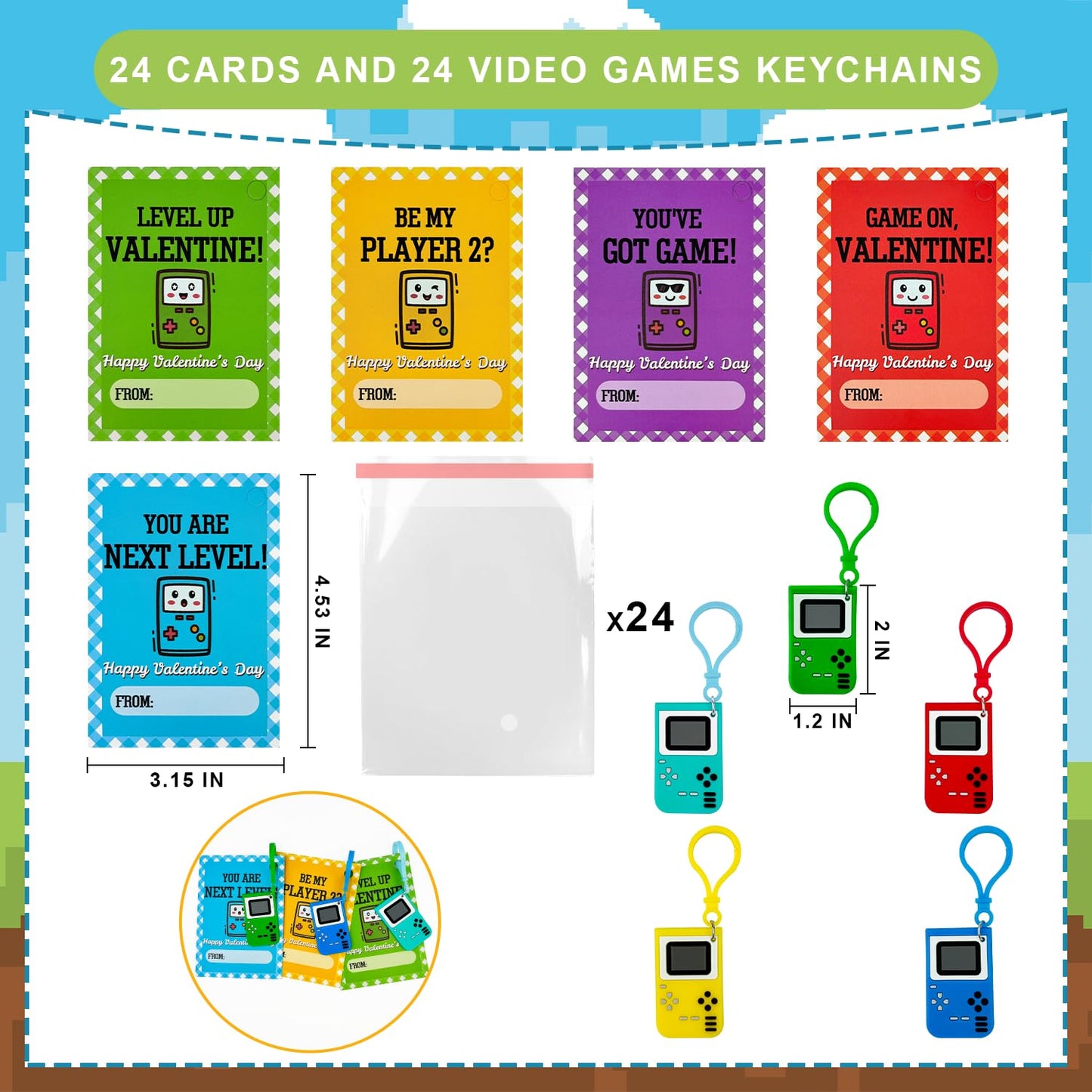 Wondrus Non-Candy Valentines Gifts for Class Kids – 24 Pack Video Game Keychains & Cards