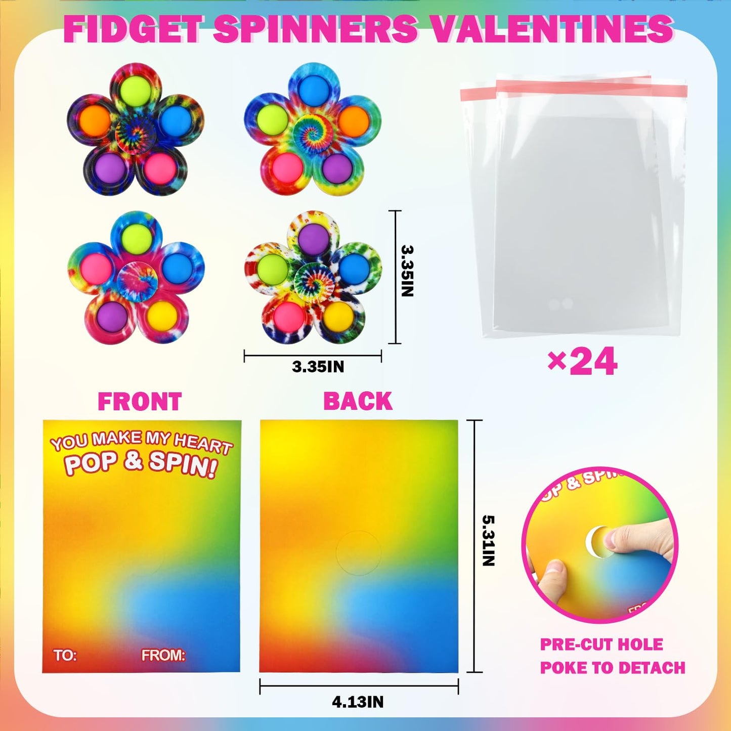 Wondrus Valentines Day Gifts - 24-Pack Fidget Spinners & Classroom Exchange Cards