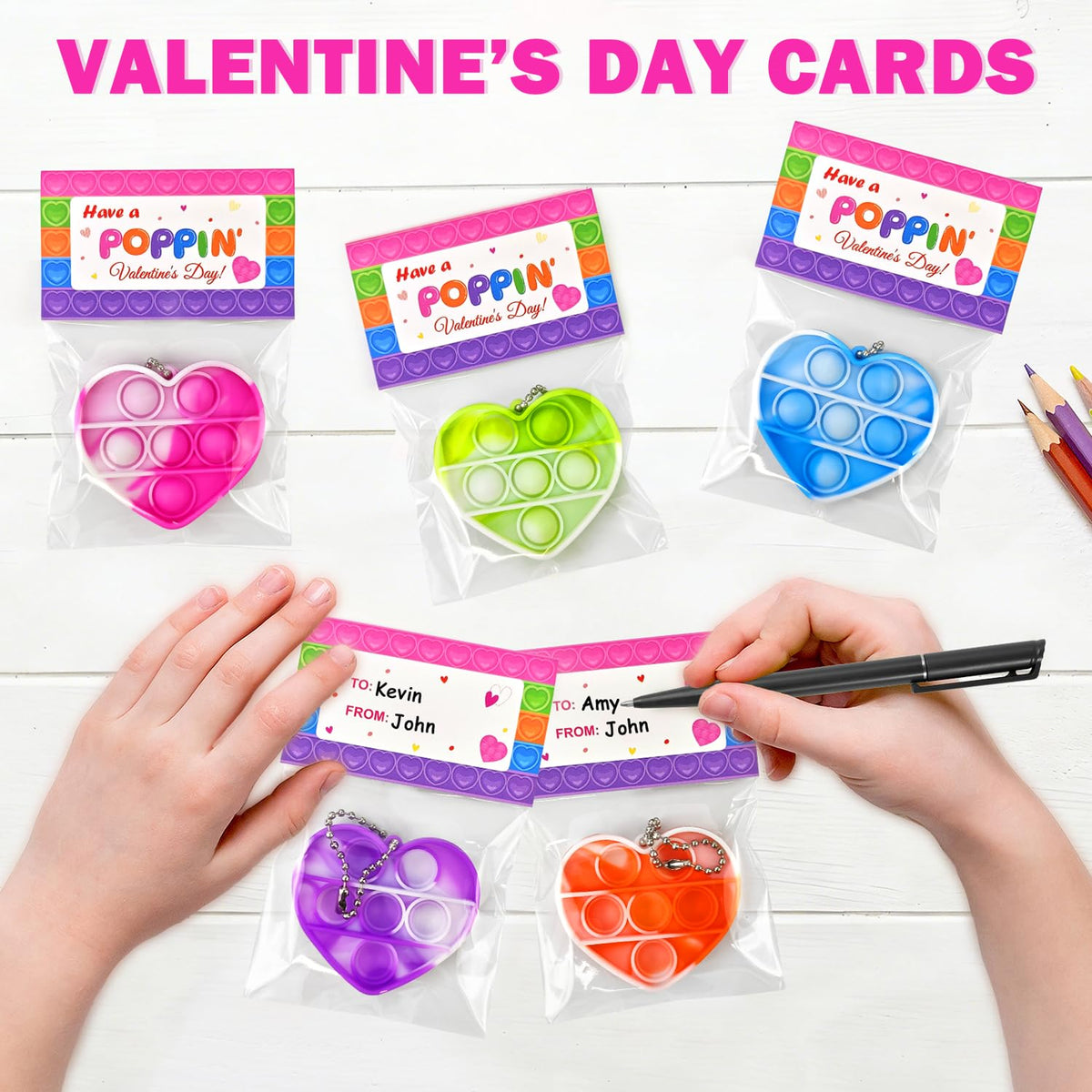 Wondrus Valentines Gift Set 28 Heart Pop Fidget Toys Cards Keychains for Classroom