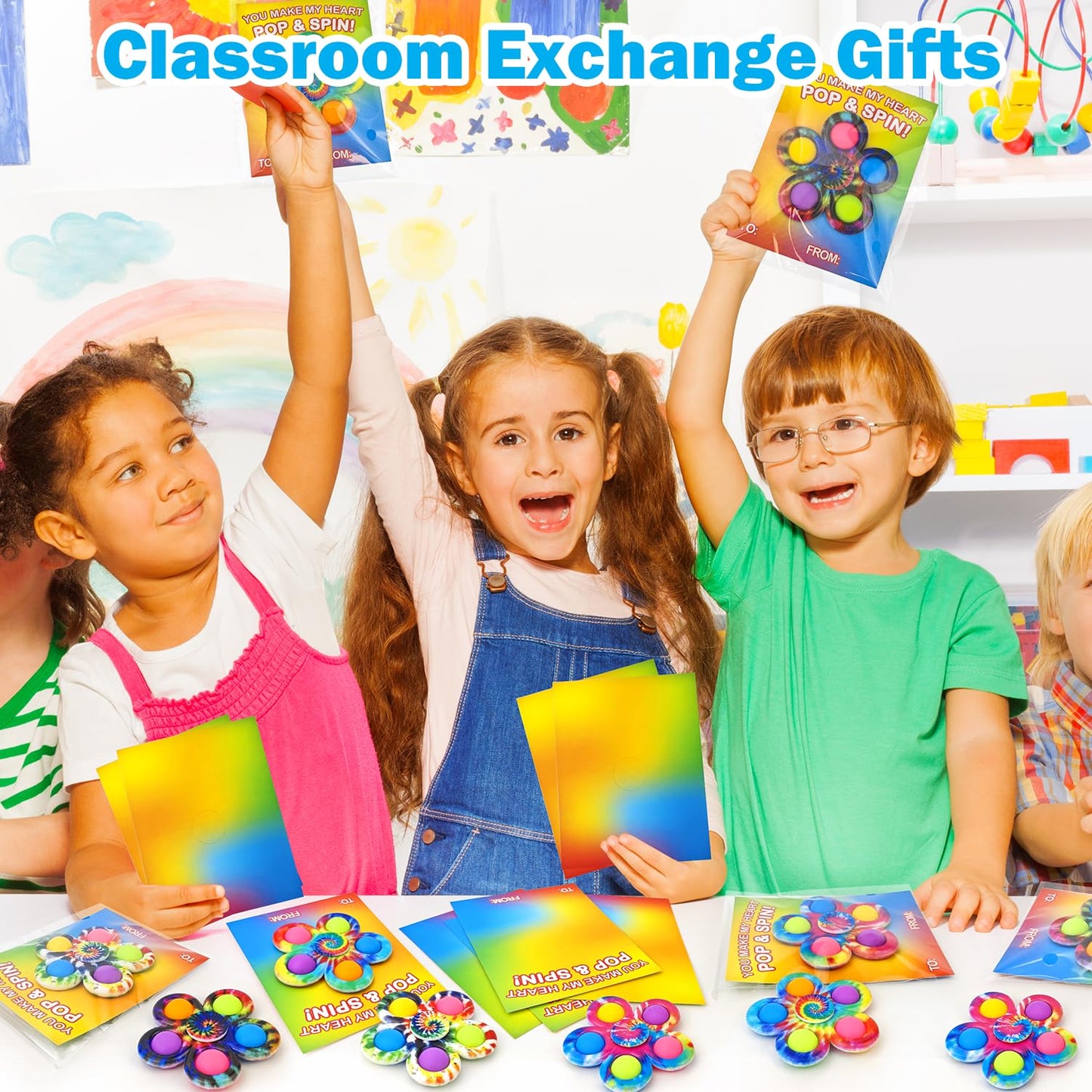 Wondrus Valentines Day Gifts - 24-Pack Fidget Spinners & Classroom Exchange Cards