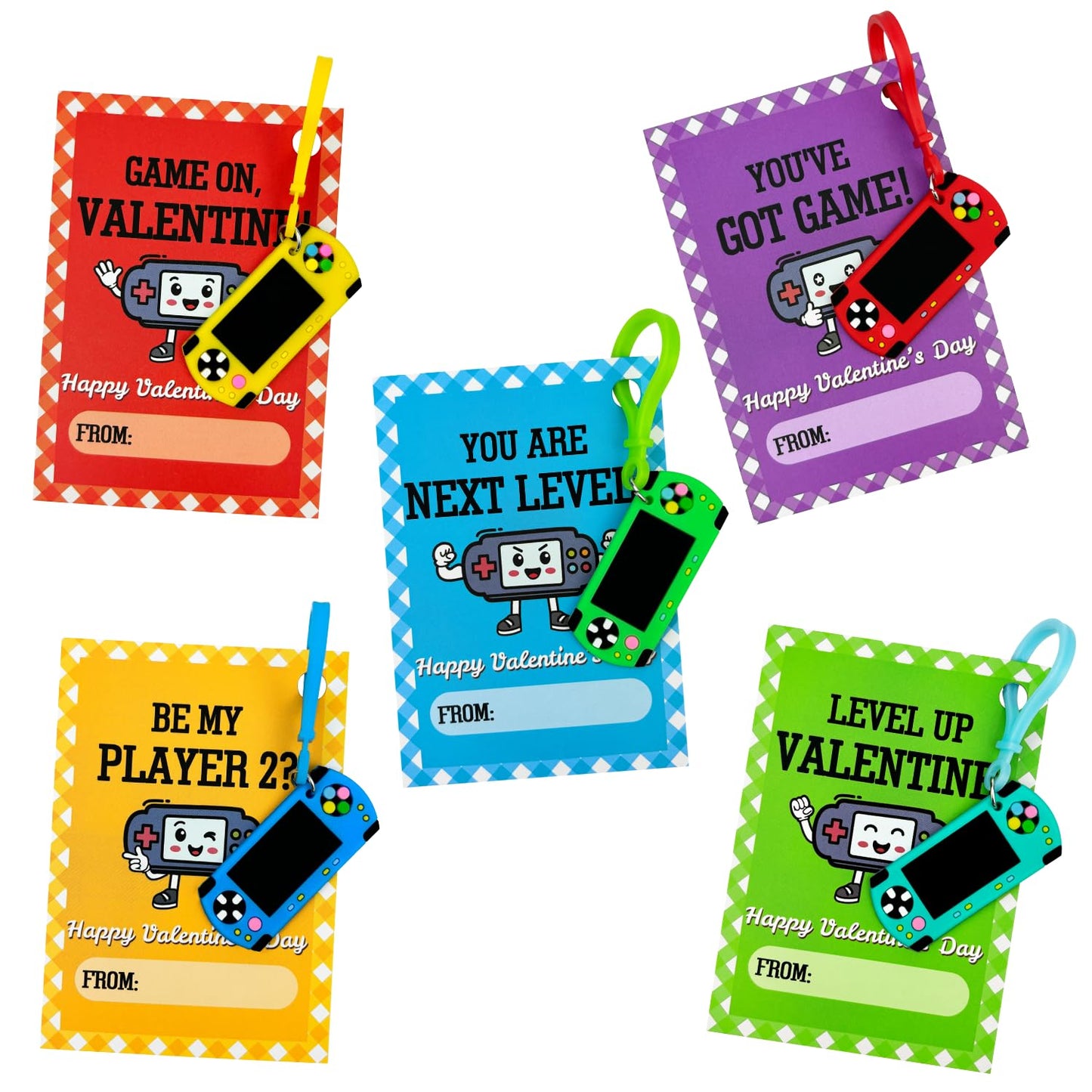 Wondrus Valentines Day Classroom Gifts — 24-Pack Video Game Keychains & Exchange Cards for 3rd–5th Grade